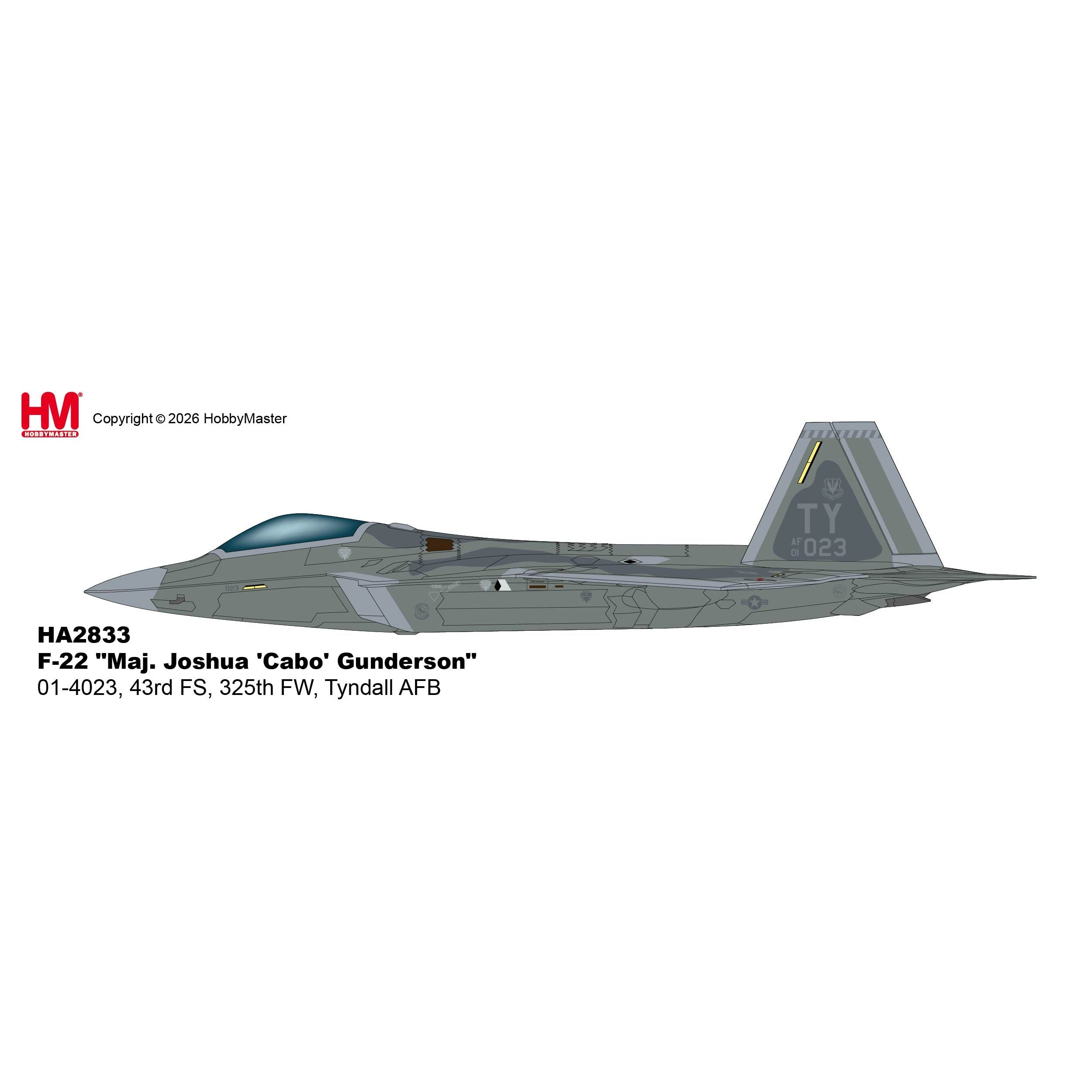 HOBBY MASTER 1/72 F-22 'Maj. Joshua 'Cabo' Gunderson' 01-4023, 43rd FS, 325th FW, Tyndall AFB (w/pilot's signature card)