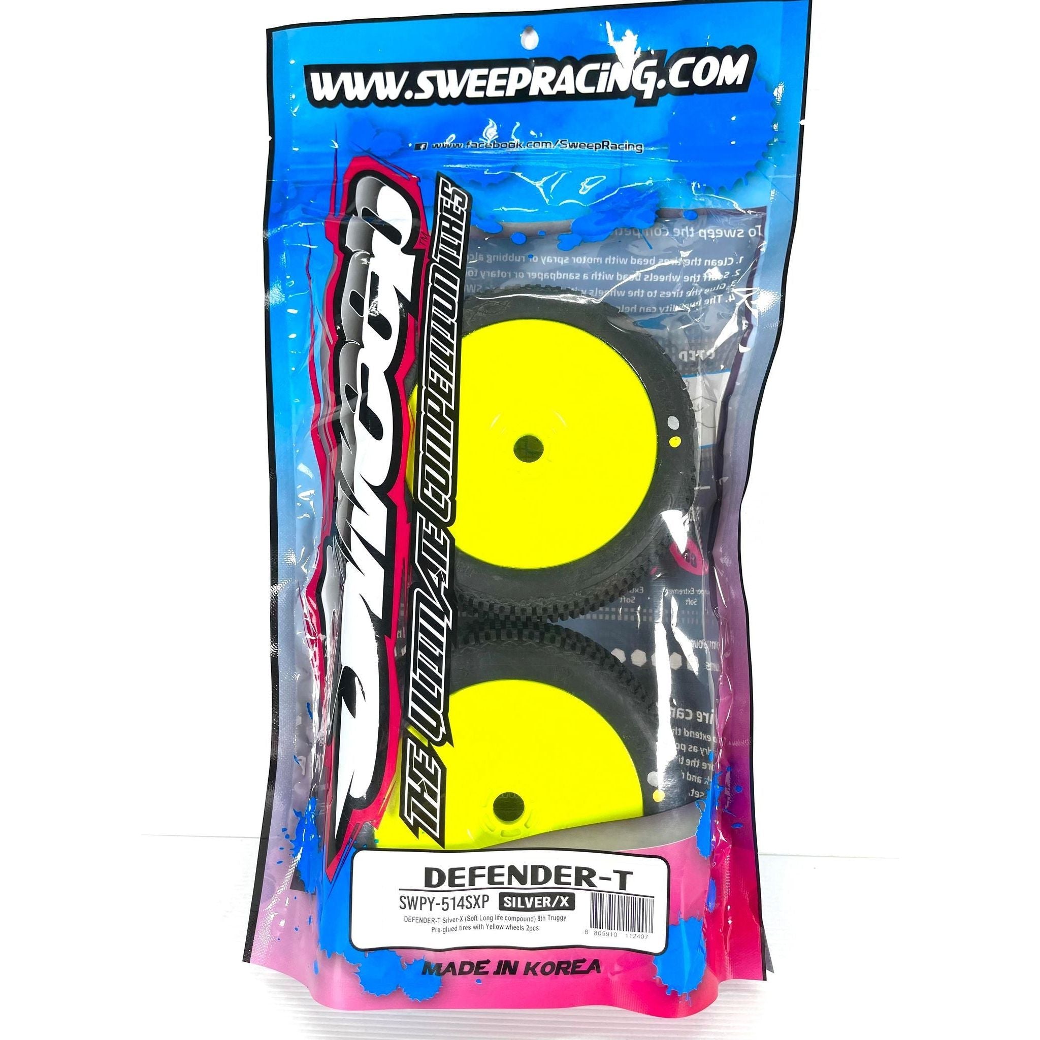 SWEEP Defender-T 1/8 Truggy Silver X (Soft / X Compound) Pre-Glued Tyres Yellow Wheels 2pcs