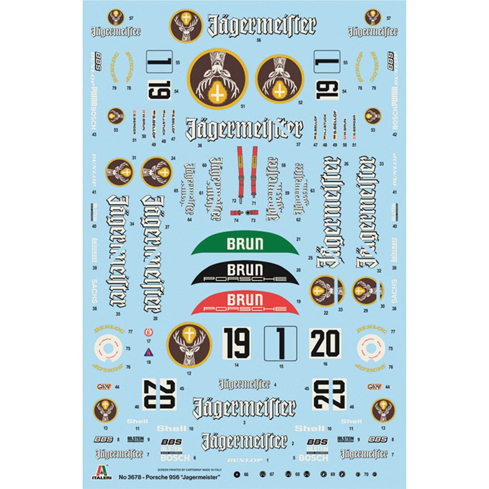 ITALERI 1/24 Porsche 956 Jagermeister-Super Decal Sheet and Rubber Tyres