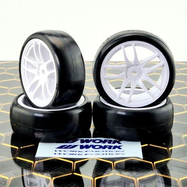 SWEEP 1/10 D-R3 Highend compound Pre-glued TC Rubber tires 24mm 20deg 4pcs (D-20 + EXP-SX + WKS-W) WORK white wheels