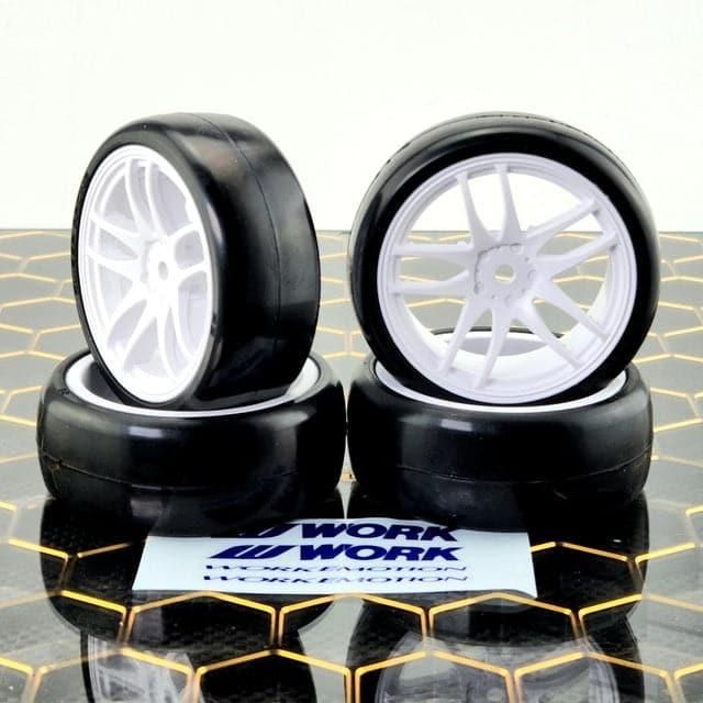 SWEEP 1/10 D-R3 Highend compound Pre-glued TC Rubber tires 24mm 24deg 4pcs (D-24 + EXP-SX + WKS-W) WORK white wheels