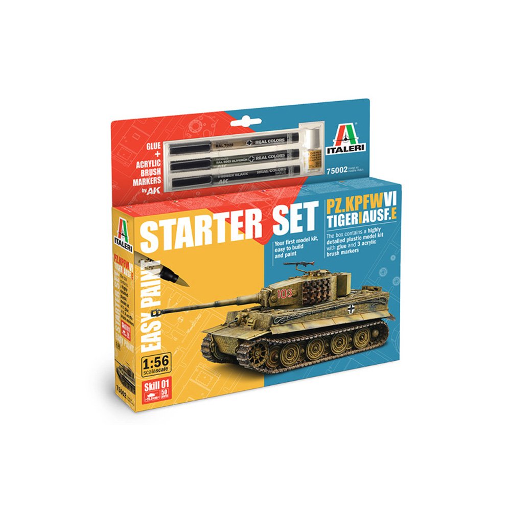 ITALERI 1/56 Pz. Kpfw. VI Tiger I Ausf. E Starter Set- Includes Glue & Acrylic Brush Markers