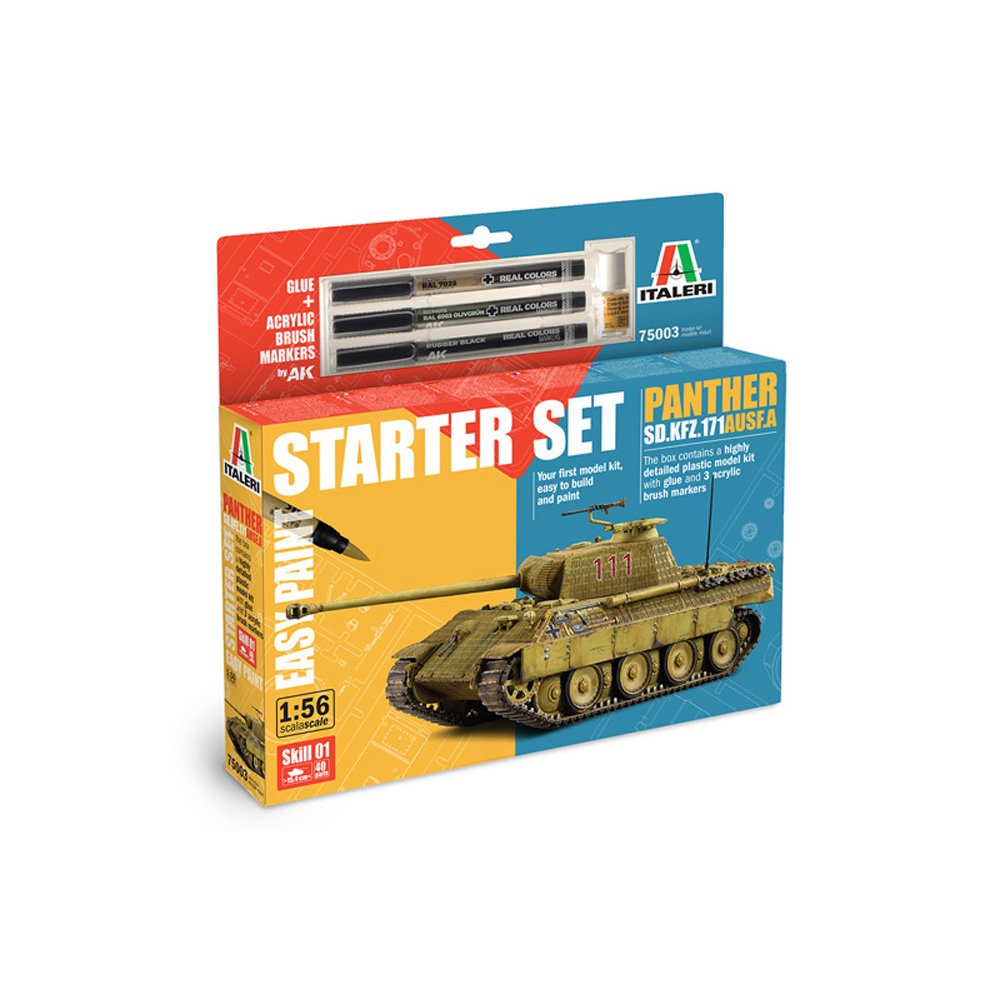 ITALERI 1/56 Panther Sd.Kfz.171 Ausf. A Starter Set- Includes Glue & Acrylic Brush Markers