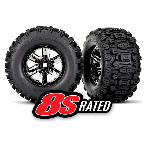 TRAXXAS Tyres & Wheels, Assembled, Glued (X-Maxx Black Chrome Wheels, Sledgehammer Tyres, Foam Inserts) (Left & Right) (2) (7774A)