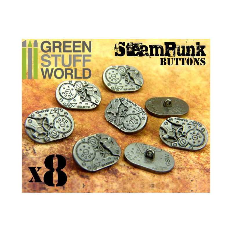 GREEN STUFF WORLD 8x Steampunk Oval Buttons WATCH MOVEMENTS - Silver