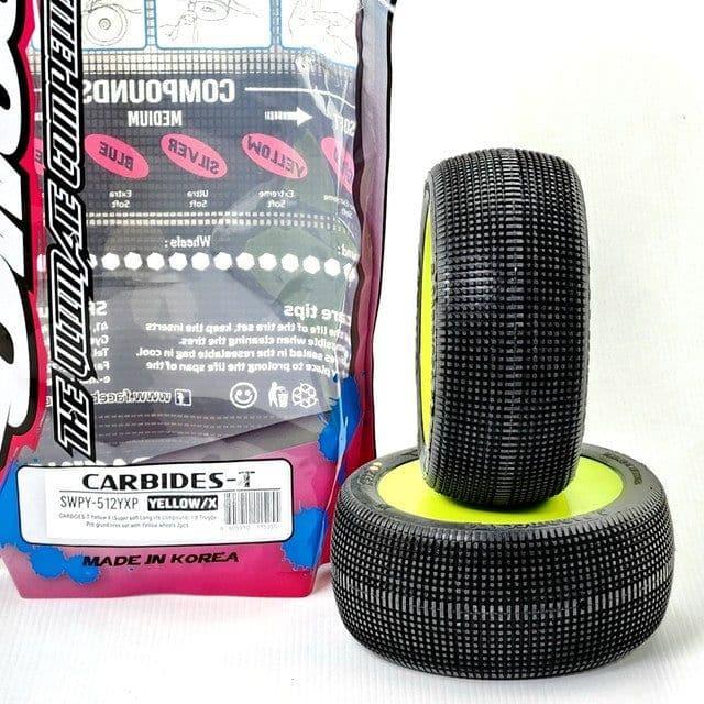 SWEEP Carbides - T 1/8 Truggy Yellow X (Super Soft / X Compound) Pre-Glued Tyres Yellow Wheels 2pcs