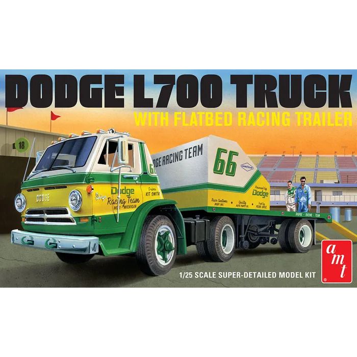 AMT 1/25 1966 Dodge L700 Truck w/Flatbed Racing Trailer Plastic Model Kit