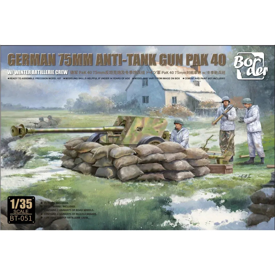 BORDER MODEL 1/35 German 7.5CM Anti-Tank Gun Pak 40 with 3 Figures Plastic Model Kit
