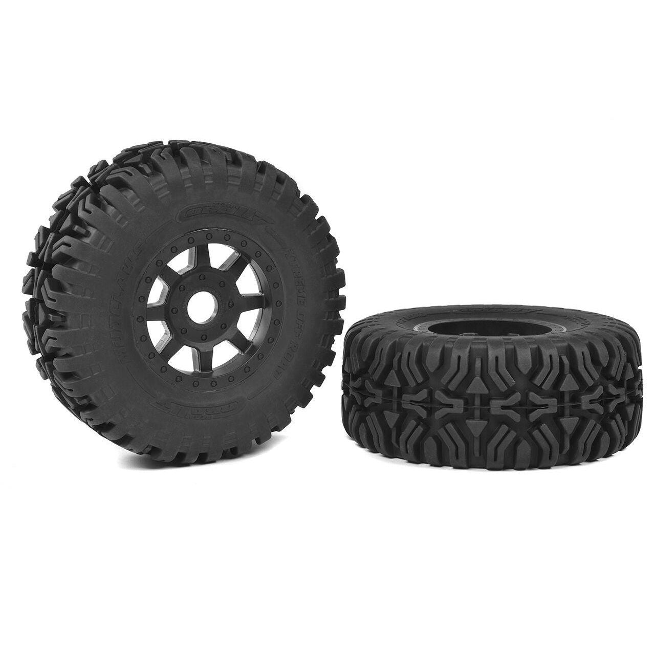 TEAM CORALLY 1-8 SC Tires - Mudclaws - Glued on Black SC Rims - 1 Pair.