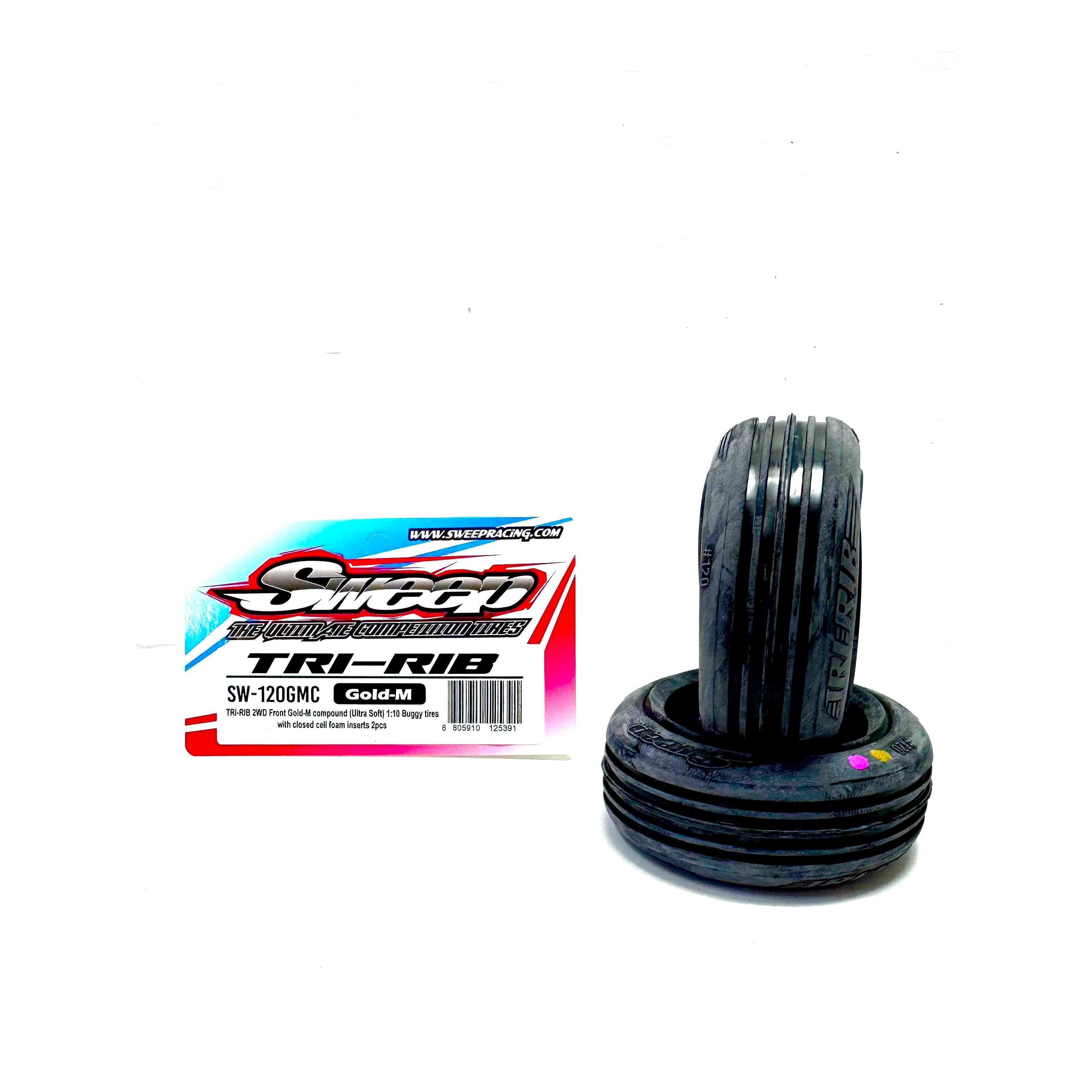 SWEEP 1/10 Tri-Rib 2WD Front Tyres Gold Magenta (Clay Ultra Soft Compound) with closed cell inserts 2pcs