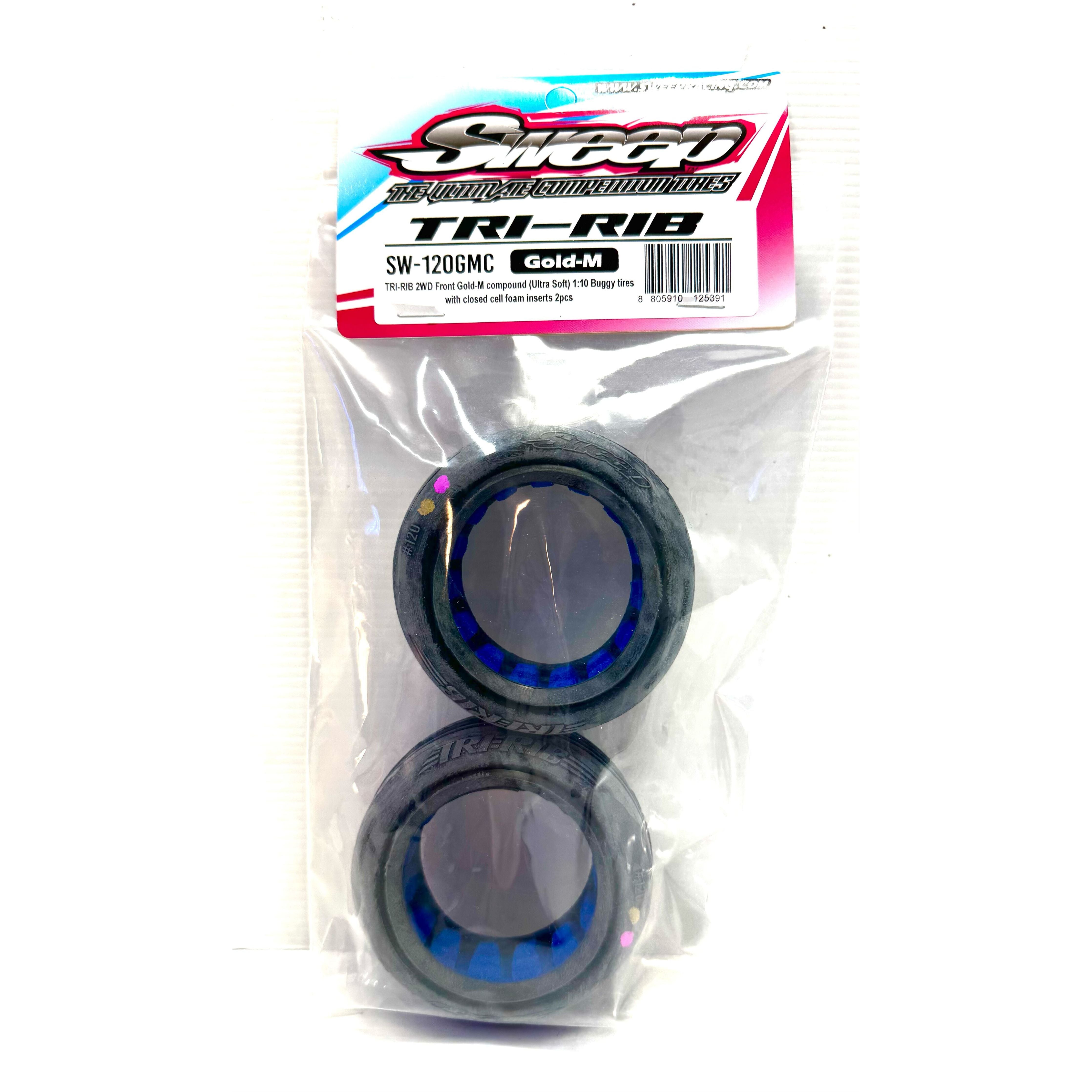 SWEEP 1/10 Tri-Rib 2WD Front Tyres Gold Magenta (Clay Ultra Soft Compound) with closed cell inserts 2pcs