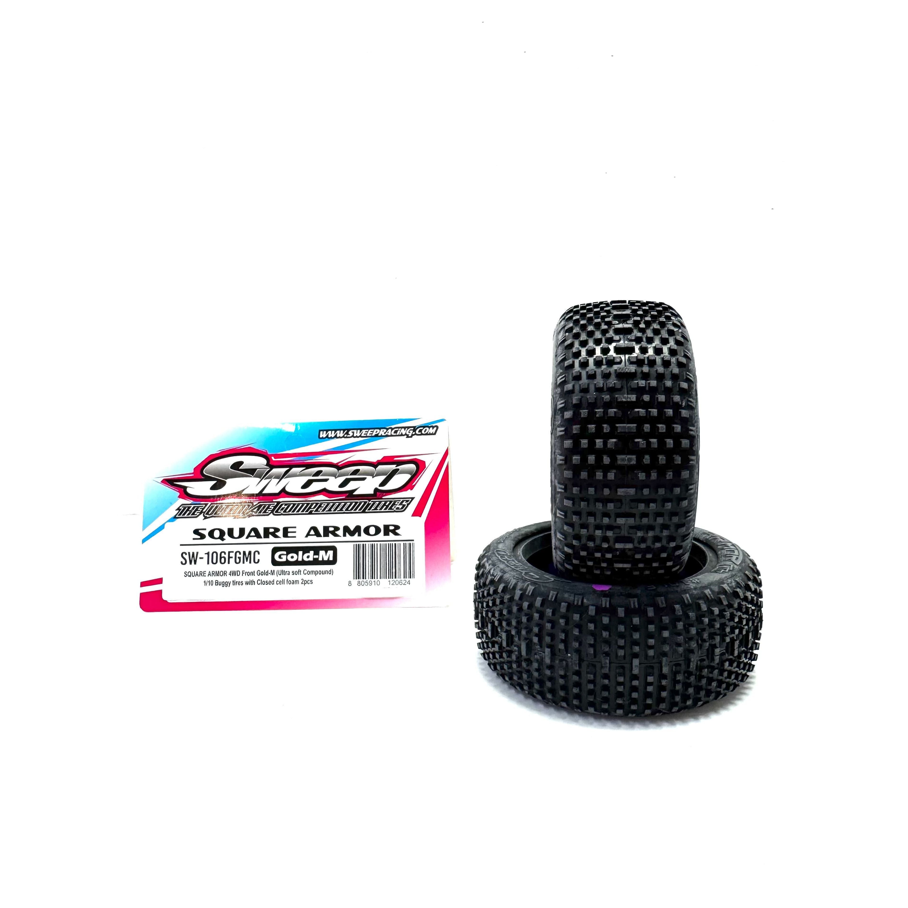 SWEEP Square Armour 1/10 4WD Buggy Front Tyres Gold Magenta (clay ultra soft compound) with closed cell inserts, 2pcs.