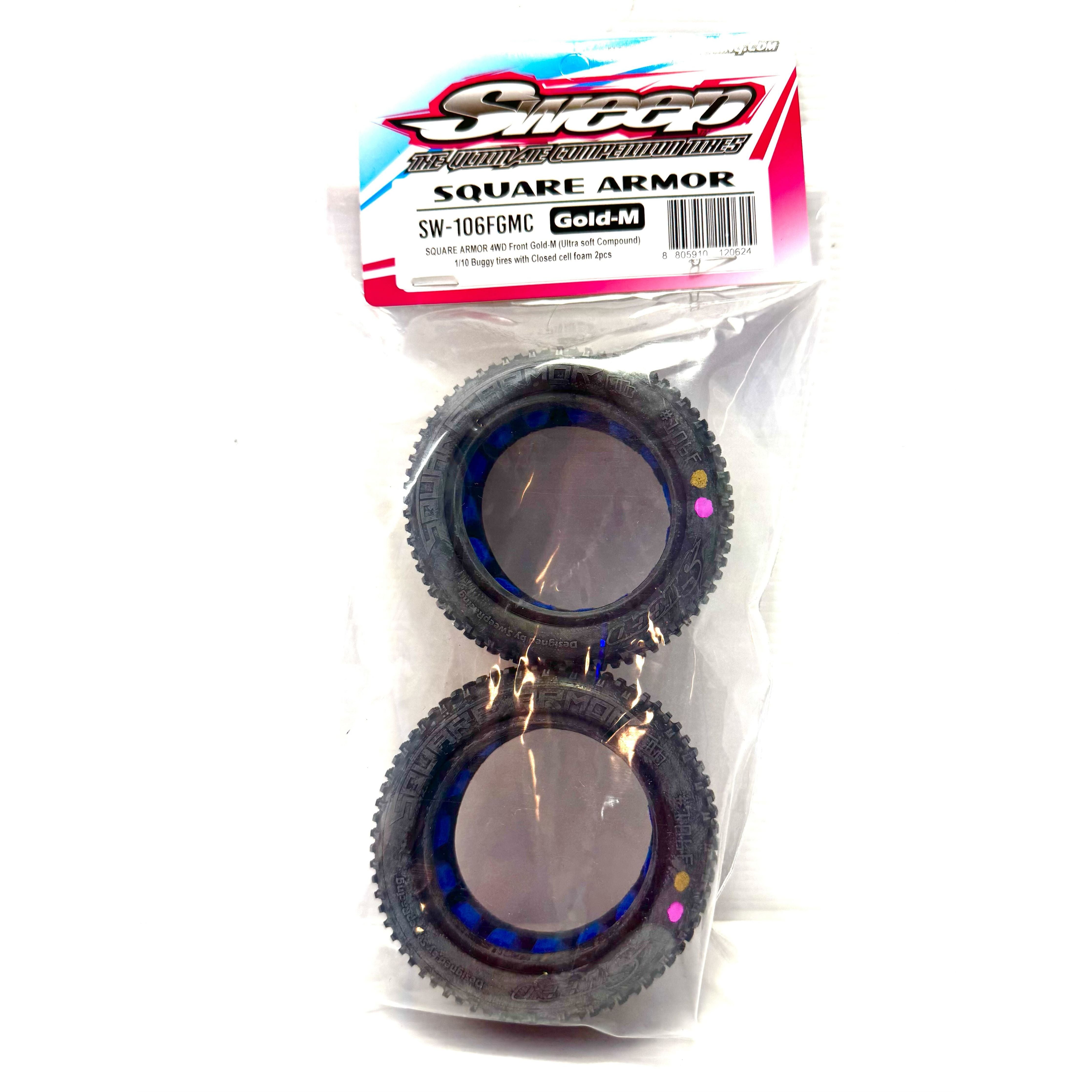 SWEEP Square Armour 1/10 4WD Buggy Front Tyres Gold Magenta (clay ultra soft compound) with closed cell inserts, 2pcs.