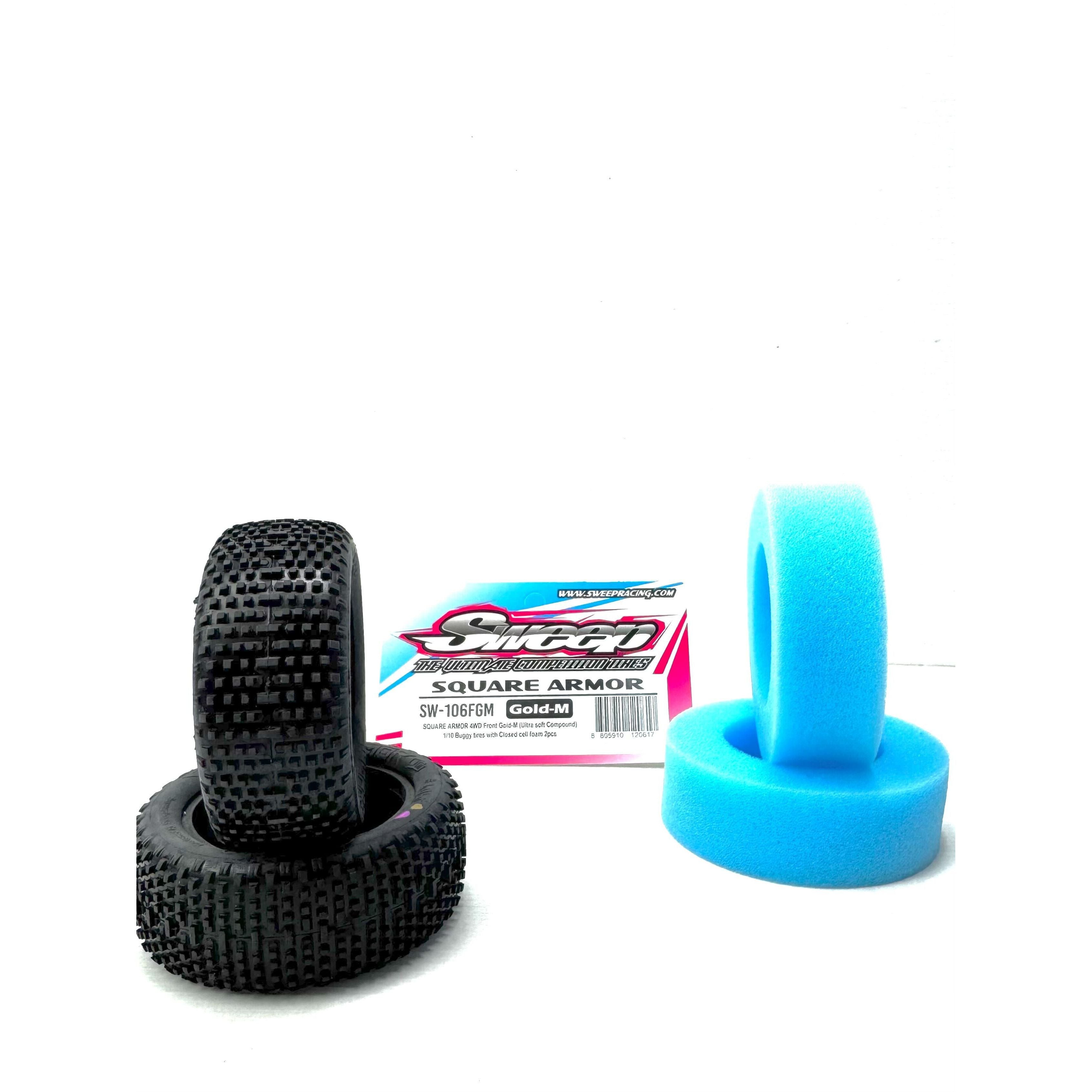 SWEEP Square Armour 1/10 2.2 4wd Buggy Front Tyres Gold Magenta (Clay Ultra Soft Compound) with open cell inserts.
