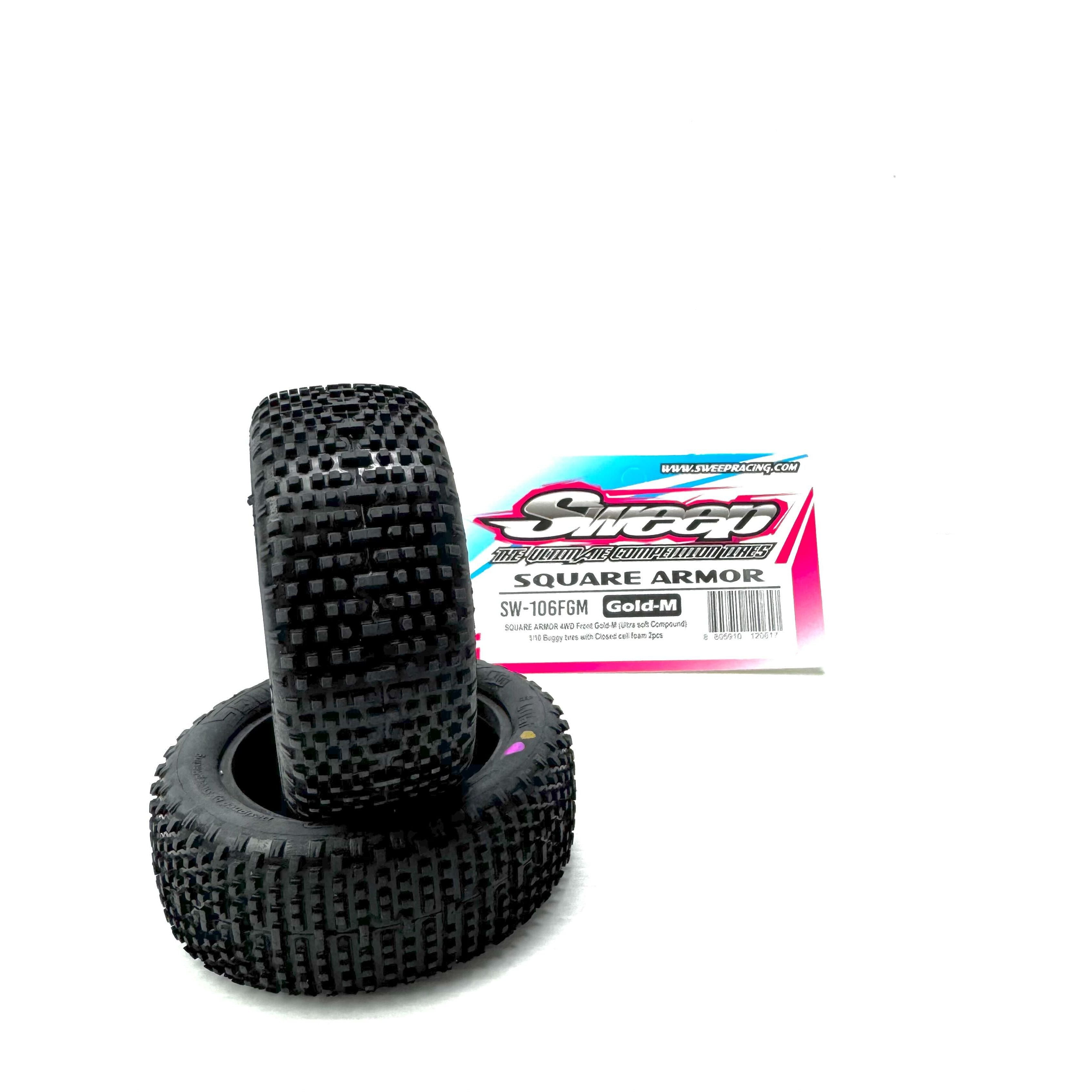 SWEEP Square Armour 1/10 2.2 4wd Buggy Front Tyres Gold Magenta (Clay Ultra Soft Compound) with open cell inserts.