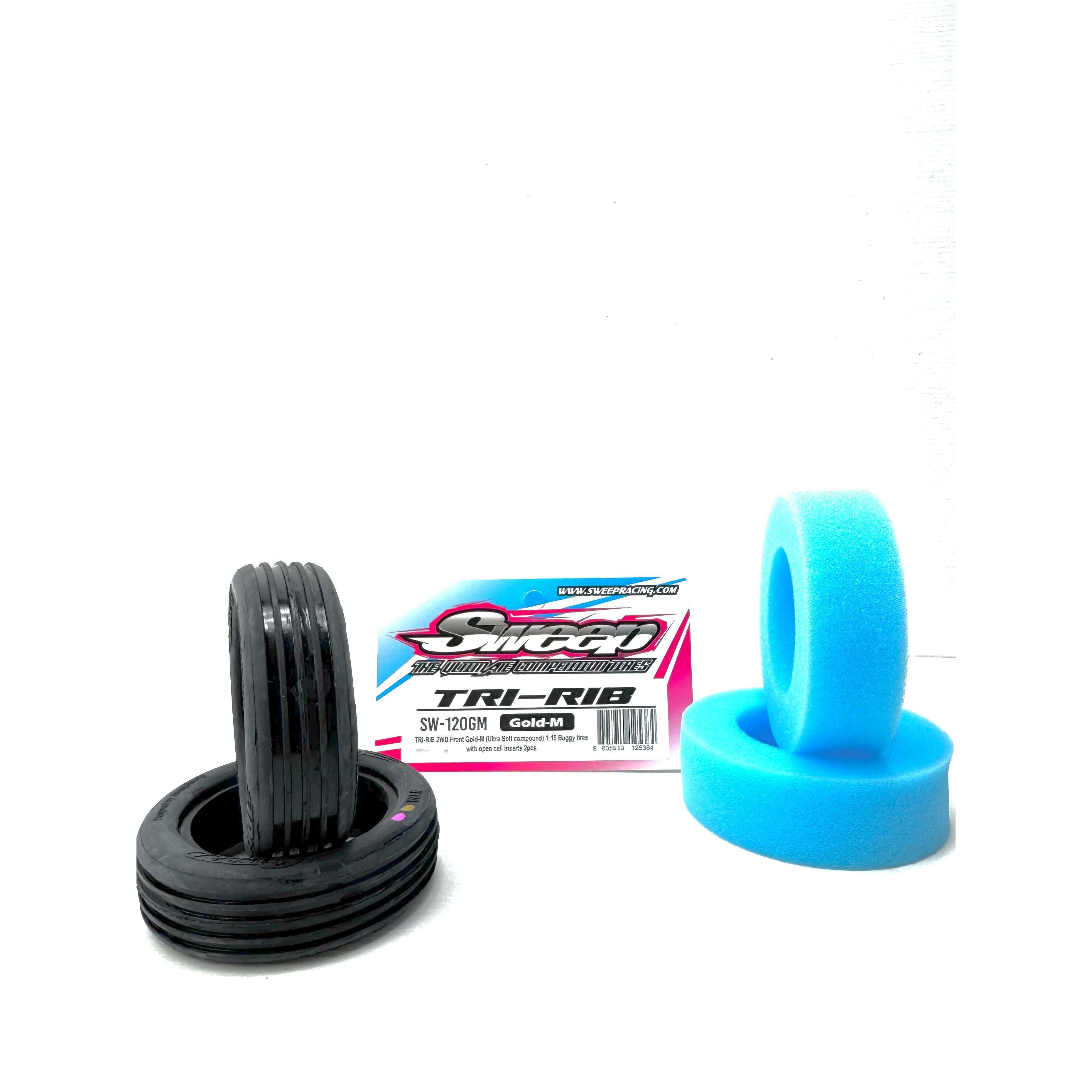 SWEEP 1/10 Tri-Rib 2WD Front Tyres Gold Magenta Compound (clay ultra soft) 2pc with open cell inserts.