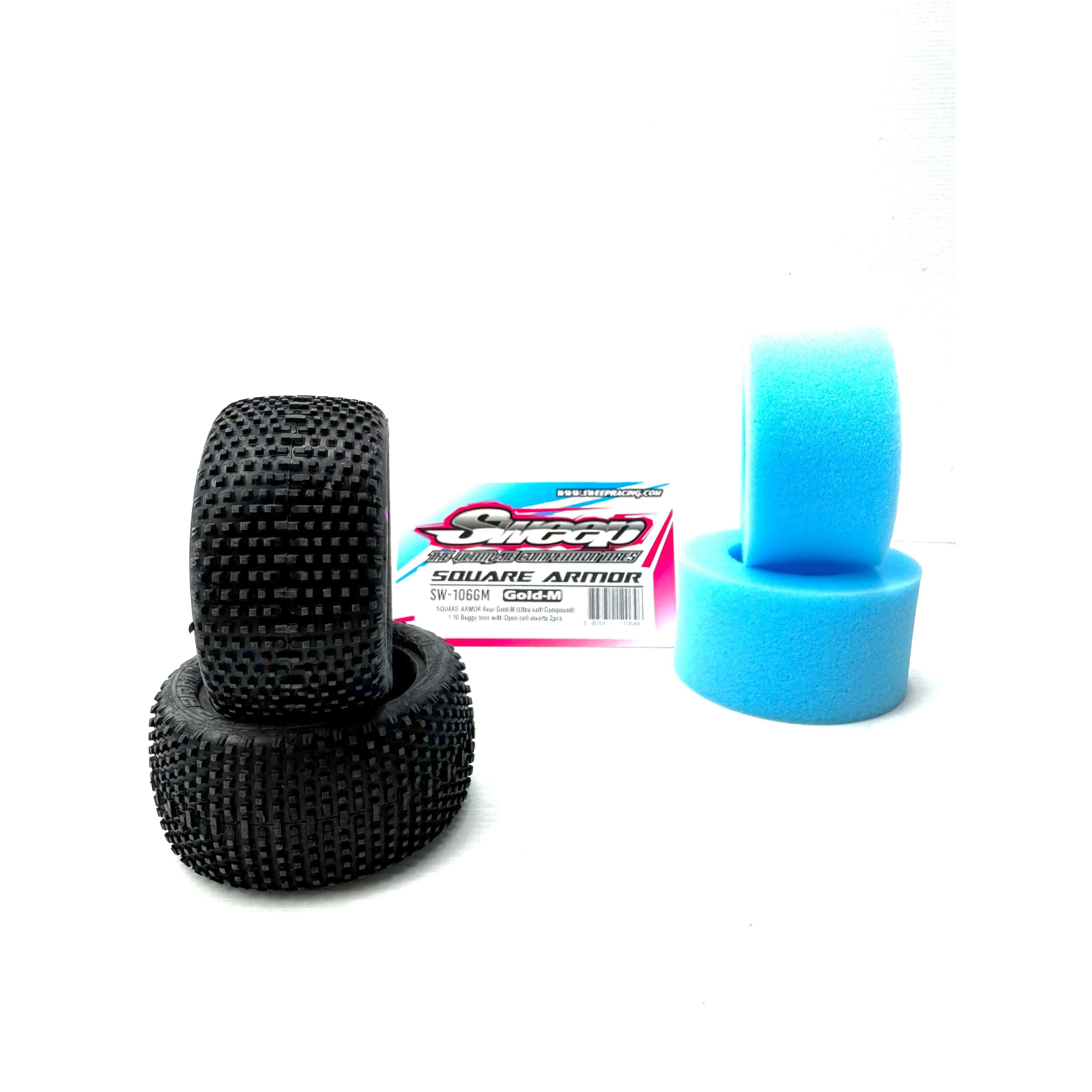 SWEEP Square Armour 1/10 2.2 Buggy Rear Tyres Gold Magenta (Clay Ultra Soft Compound) with open cell inserts.