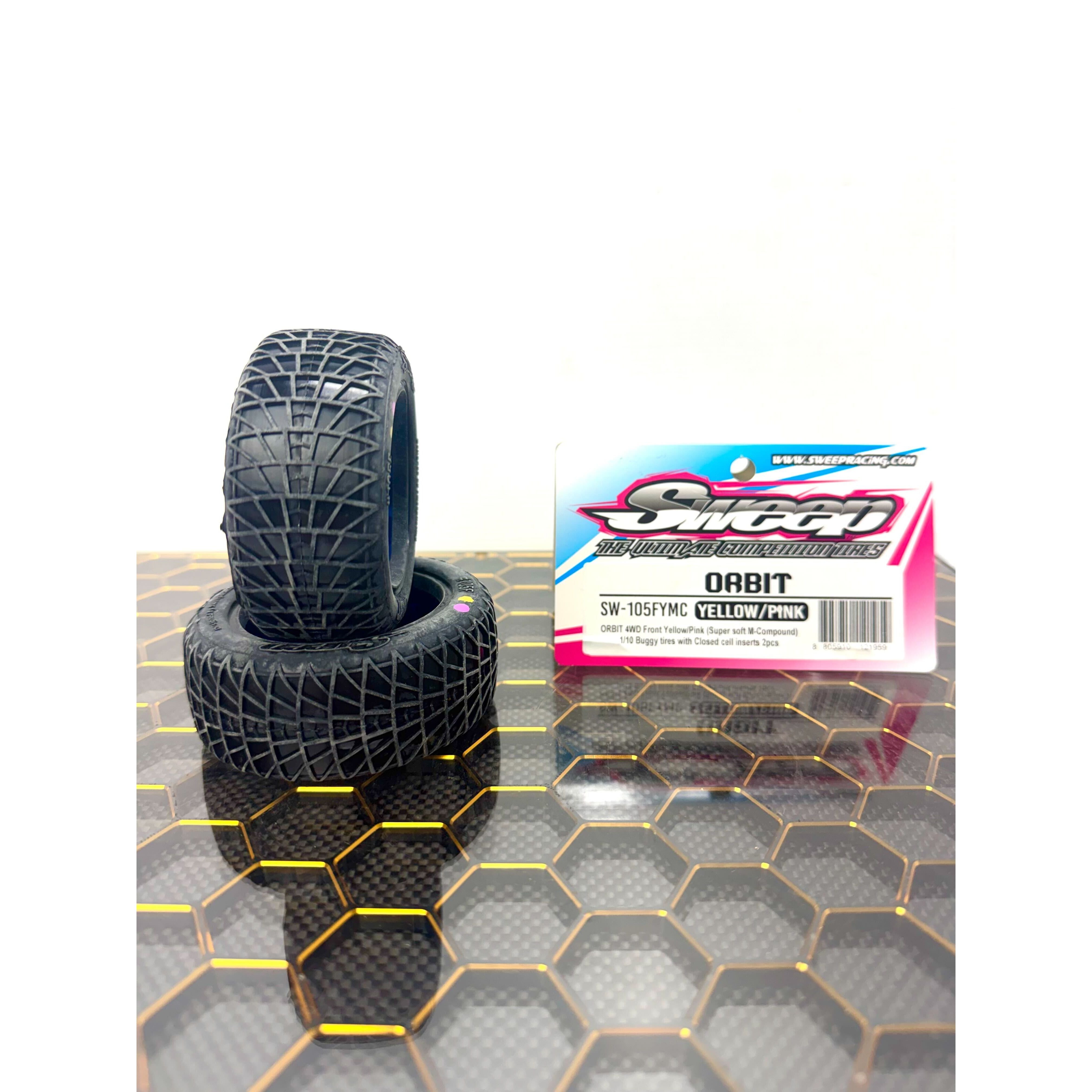 SWEEP 1/10 Off-Road Orbit Front 2wd & 4wd Front Tyre Super Soft Clay Compound Yellow / Magenta Dot with Closed Cell Insert 2pcs