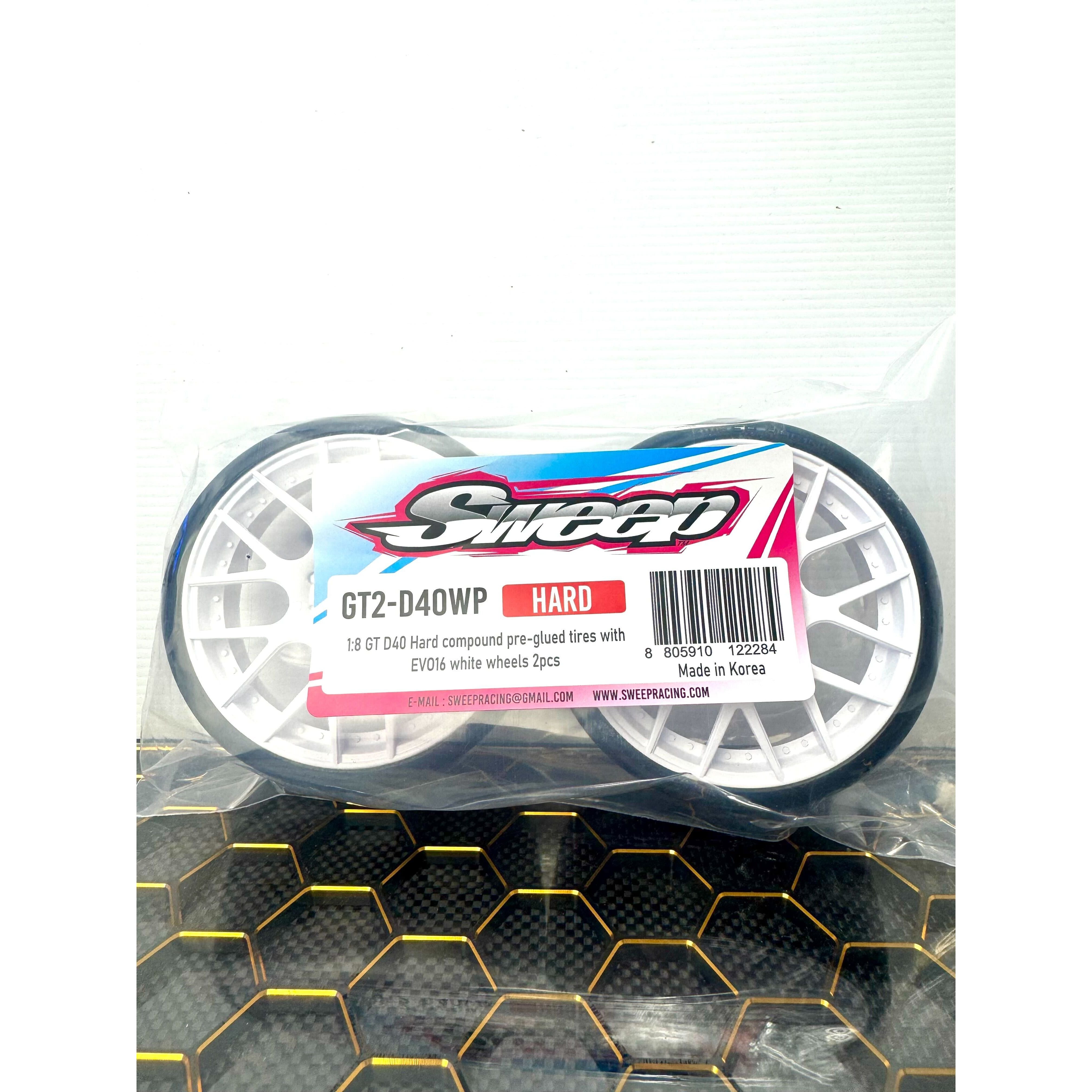SWEEP 1/8 GT D-COMPOUND Racing Slick, PREMOUNTED ON WHITE WHEELS, WORLD CHAMPIONSHIP OFFICIAL TYRES, 2PCS