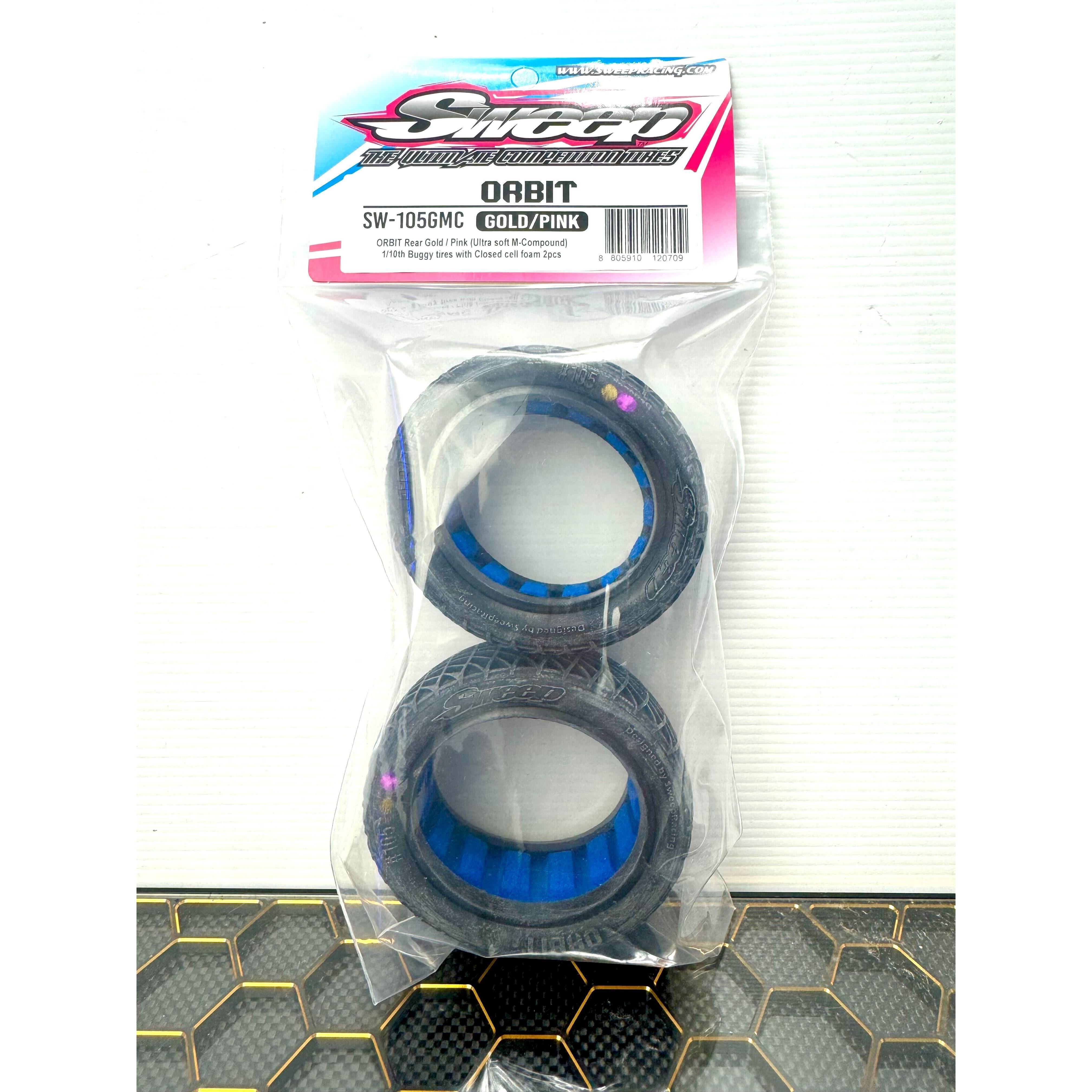 SWEEP 1/10 Buggy Tyres Orbit Rear Gold/Magenta (Clay Ultra Soft) with closed cell inserts.