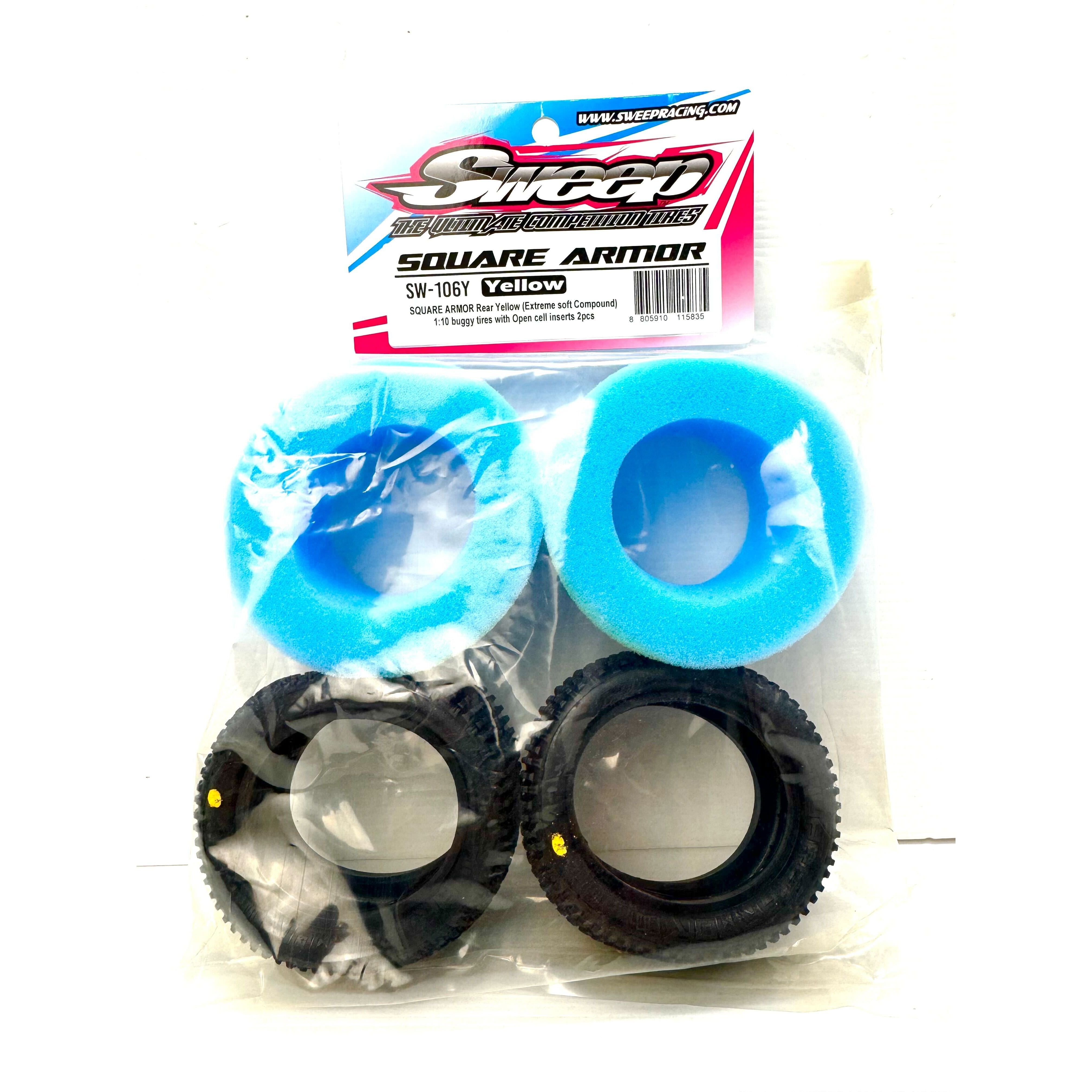 SWEEP 1/10 Buggy Tyres Square Armor Rear Yellow (Super Soft) with Open cell inserts