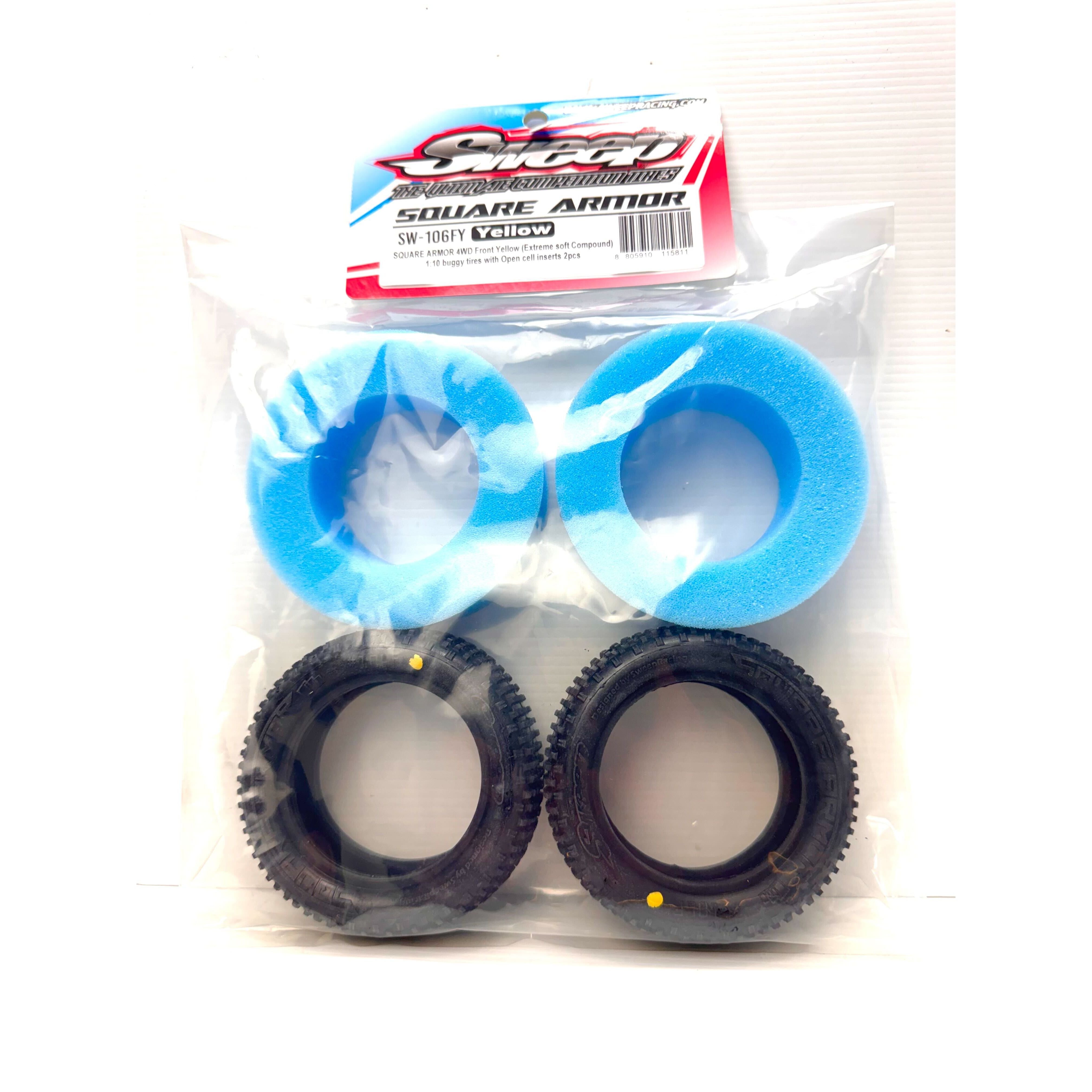 SWEEP 1/10 Buggy Front Tyres Square Armour Super Soft Compound Yellow Dot with Open Cell Inserts