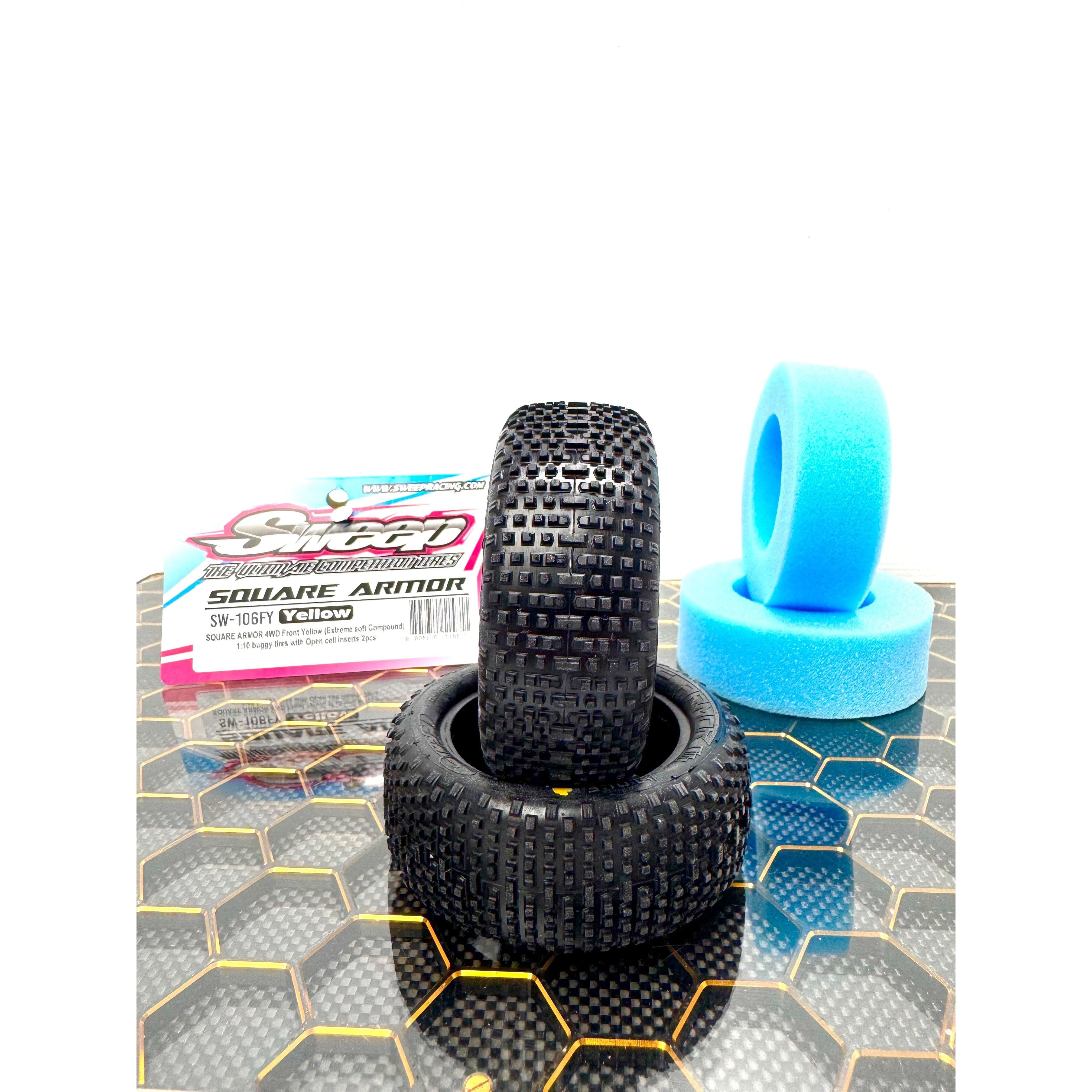SWEEP 1/10 Buggy Front Tyres Square Armour Super Soft Compound Yellow Dot with Open Cell Inserts