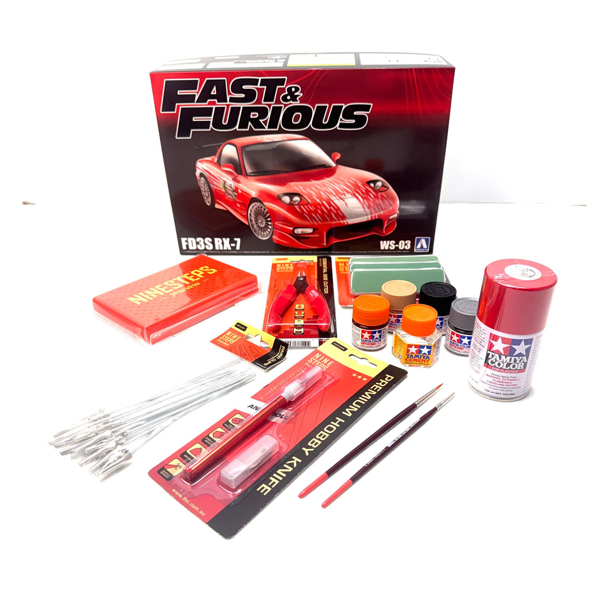 Hearns Hobbies Complete Model Building Starter Bundle – Aoshima 1/24 Fast & Furious Mazda RX-7 FD3S