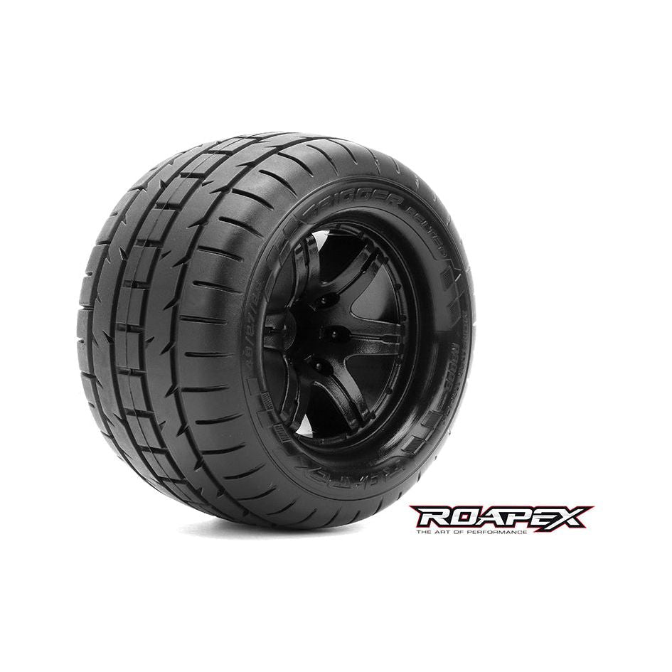 ROAPEX Trigger Belted 1/10 Monster Truck Tyre Black Wheel 1/2 Offset 12mm Hex Mounted