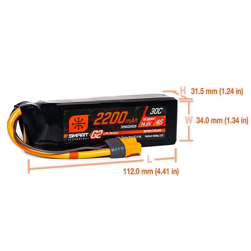SPEKTRUM 2200mAh 4S 14.8V 30c Smart G2 LiPo Battery with IC3 Connector.