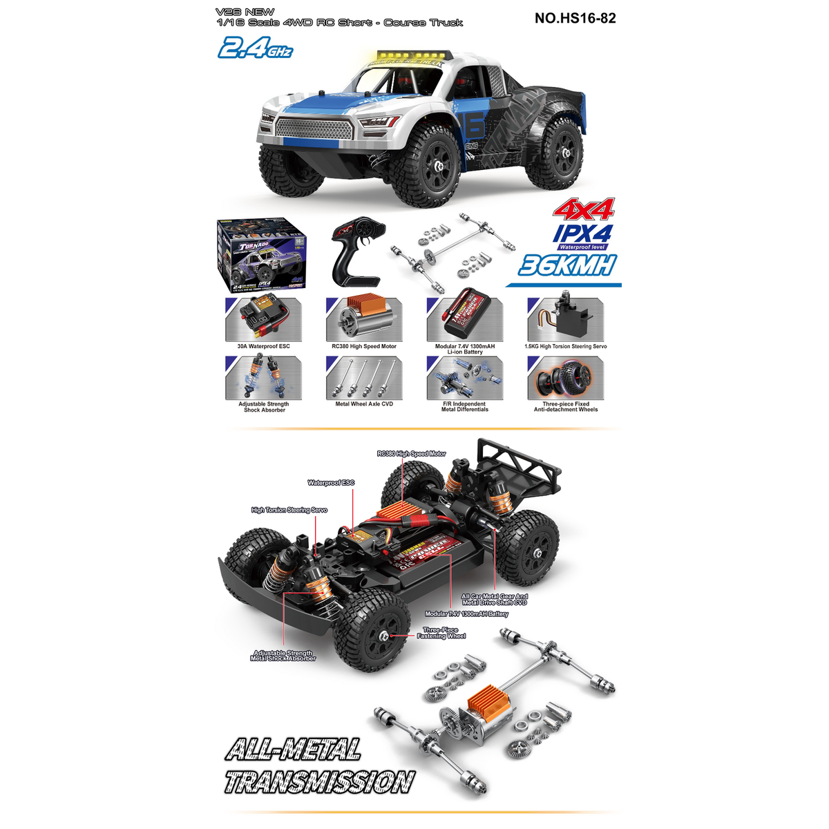 TORNADO 1/16 4WD RTR High speed short course 2.4g 36KM 20 Minute runtime Blue Body V2 2026