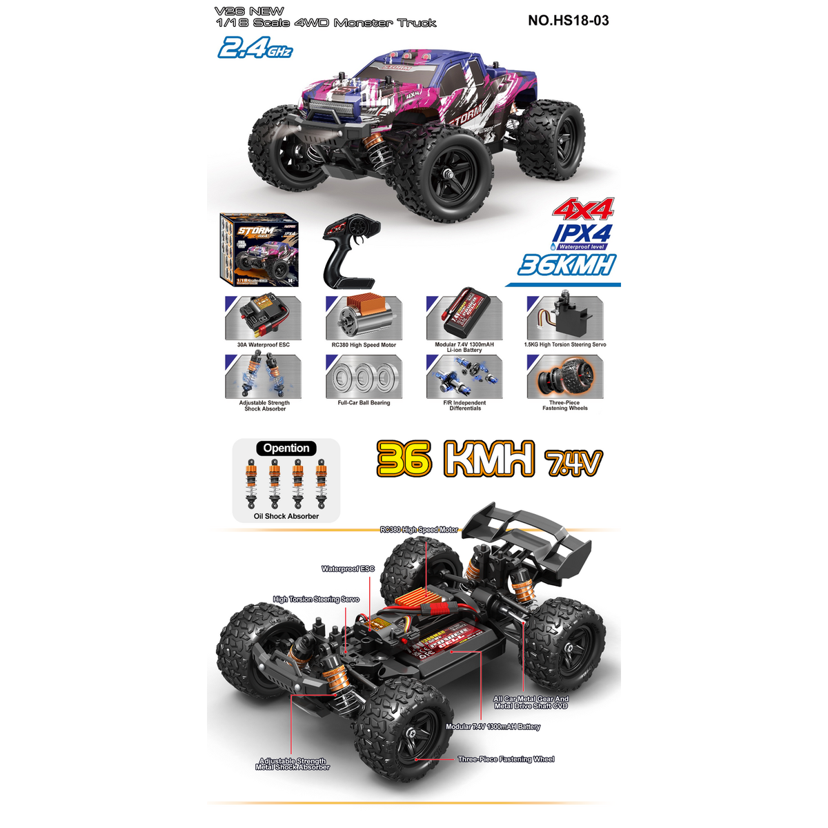 TORNADO 1/18 4WD RTR High speed truck Storm 2.4g 36KM 20 Minute runtime Pink/Purple Body V2 2026