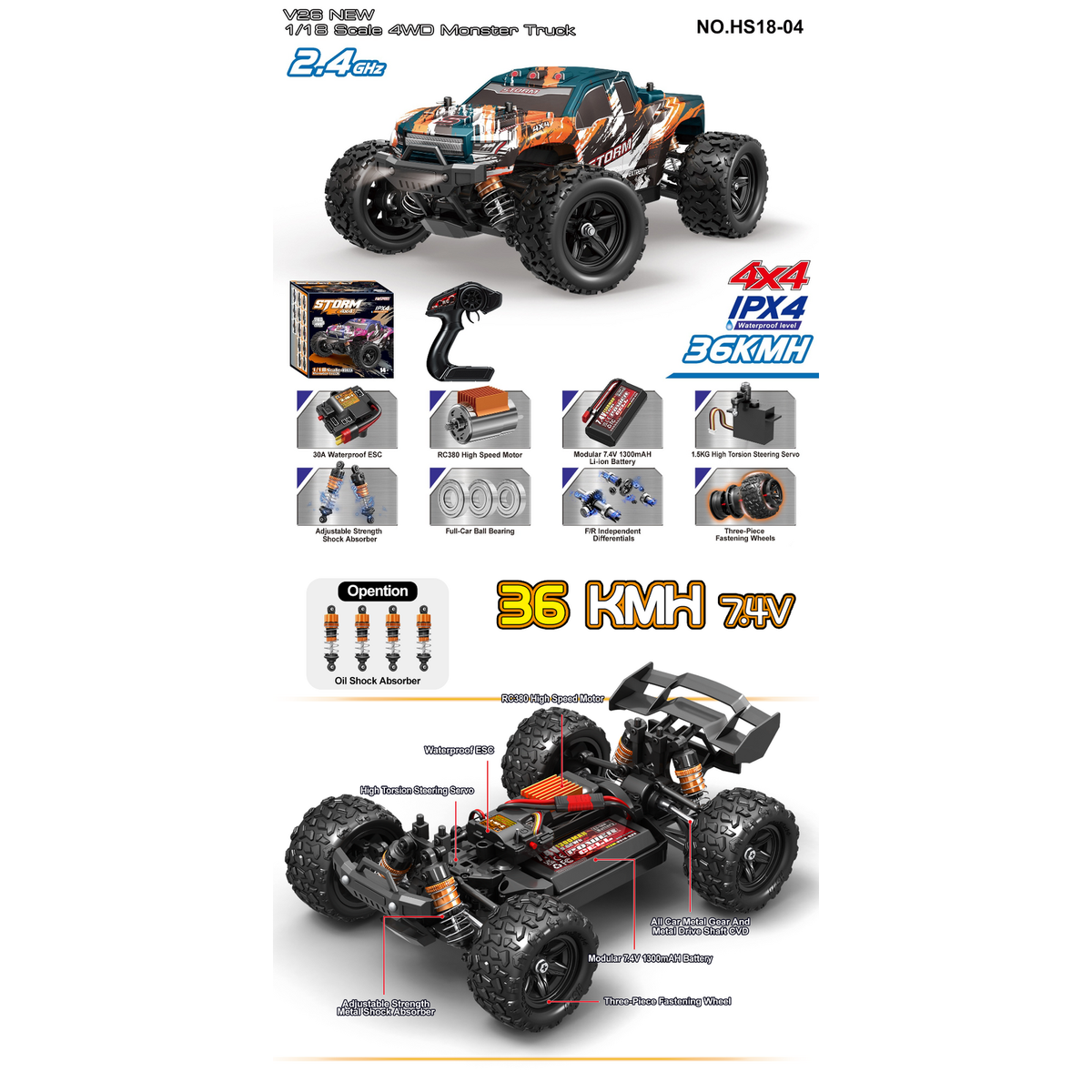 TORNADO 1/18 4WD RTR High speed truck Storm 2.4g 36KM 20 Minute runtime Orange/Green Body V2 2026