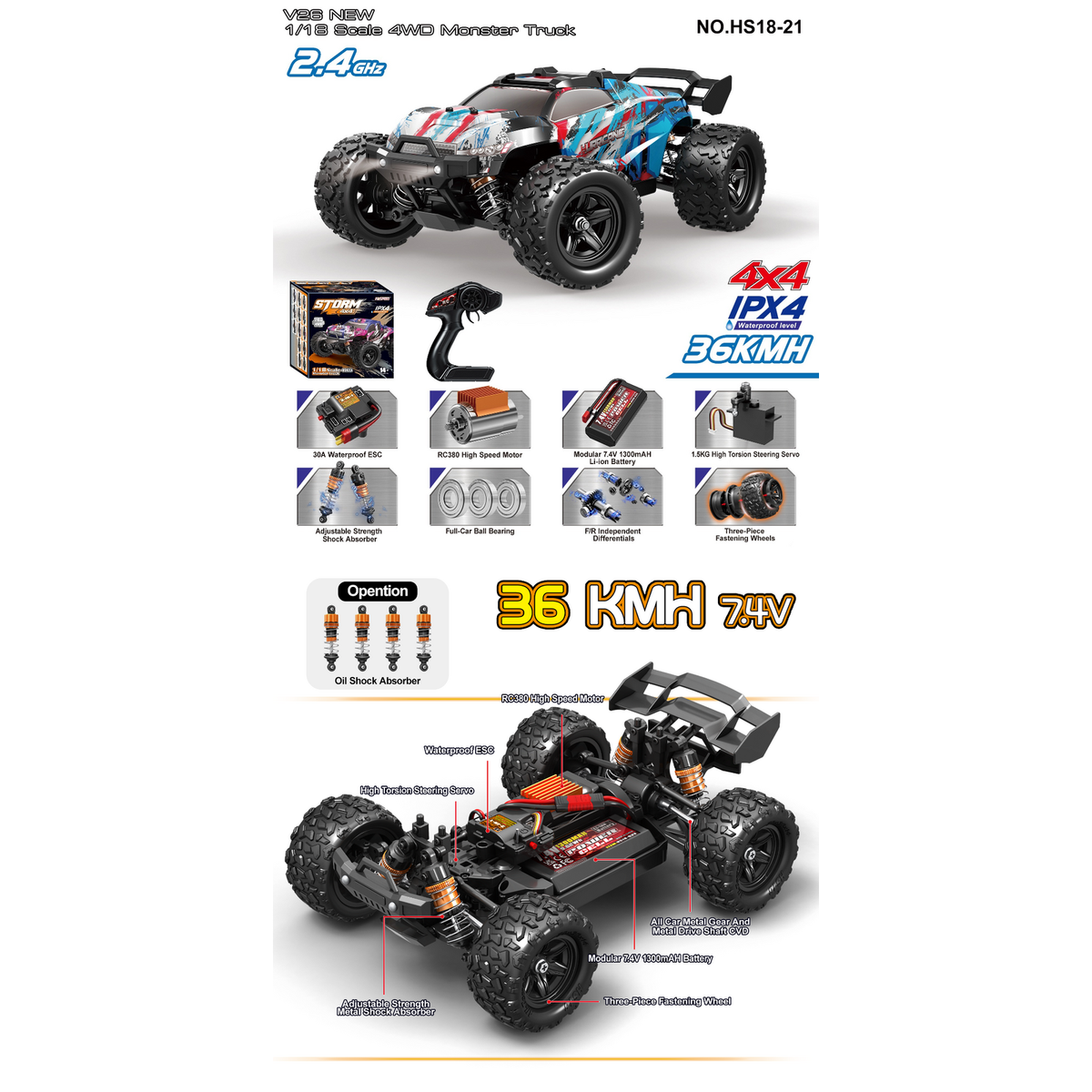 TORNADO 1/18 4WD RTR High speed truck Hurricane 2.4g 36KM 20 Minute runtime Blue/Red Body V2 2026