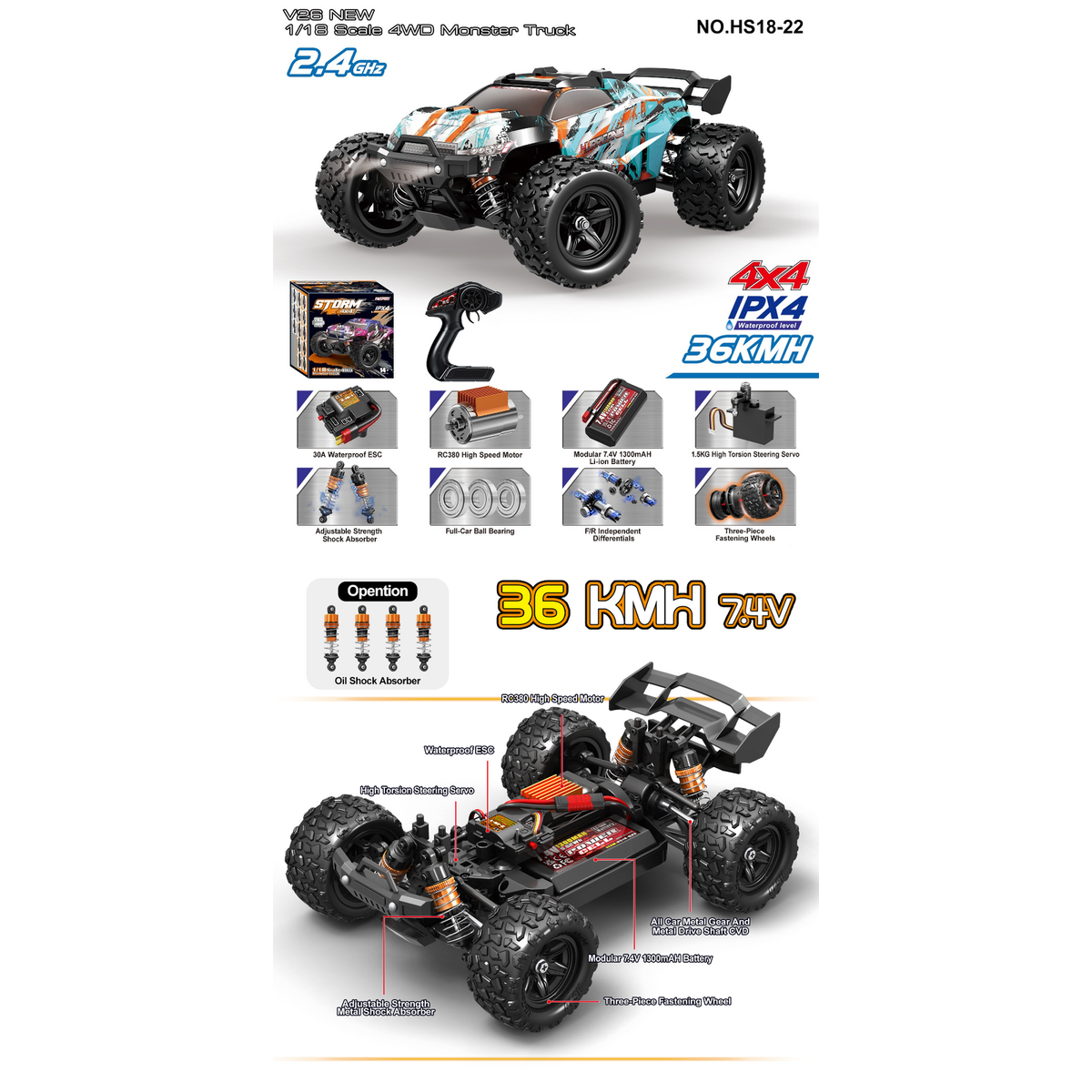 TORNADO 1/18 4WD RTR High speed truck Hurricane 2.4g 36KM 20 Minute runtime Green Body V2 2026