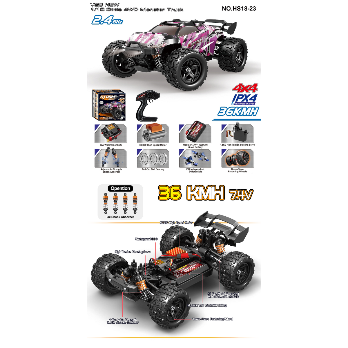 TORNADO 1/18 4WD RTR High speed truck Hurricane 2.4g 36KM 20 Minute runtime Pink Body V2 2026