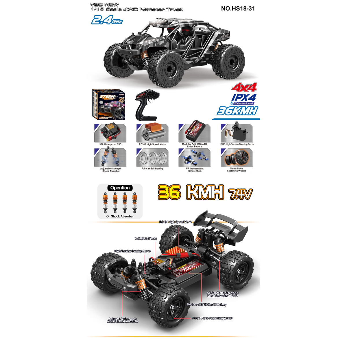 TORNADO 1/18 4WD RTR High speed truck Cage 2.4g 36KM 20 Minute runtime Camo Body V2 2026