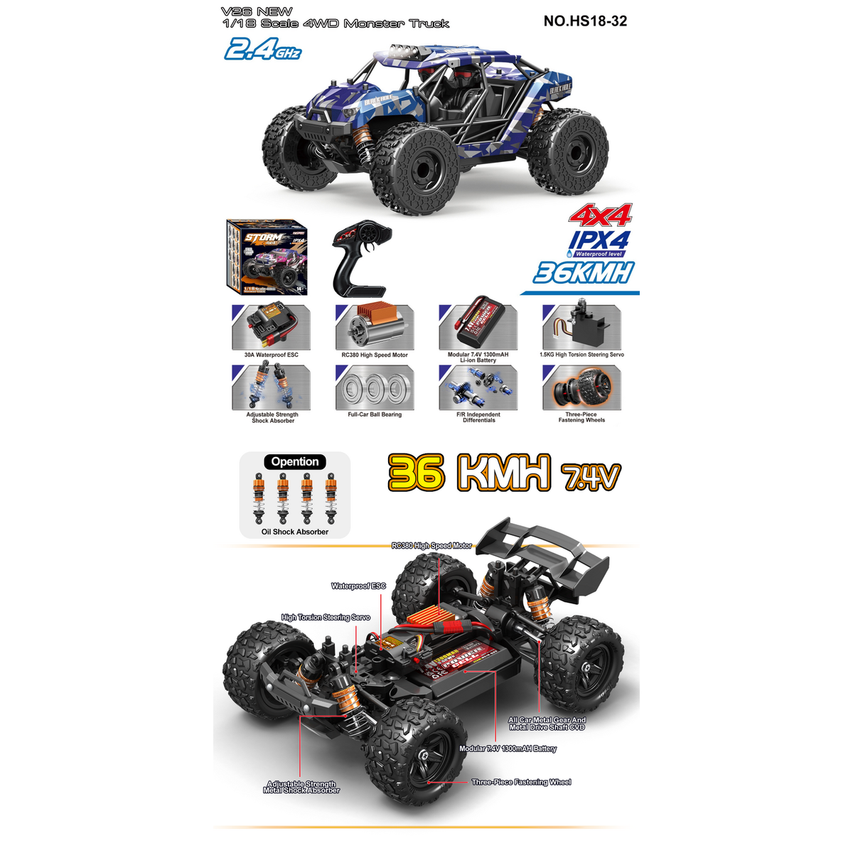 TORNADO 1/18 4WD RTR High speed truck Cage 2.4g 36KM 20 Minute runtime Camo Blue Body V2 2026