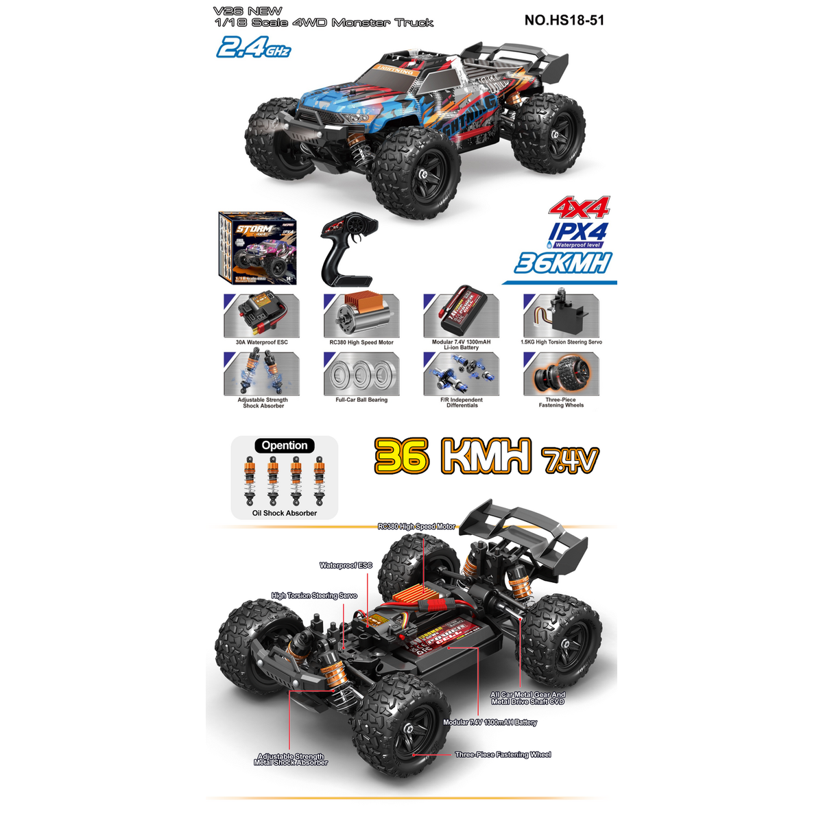 TORNADO 1/18 4WD RTR High speed truck 2.4g 36KM 20 Minute runtime Camo Blue multi Body V2 2026