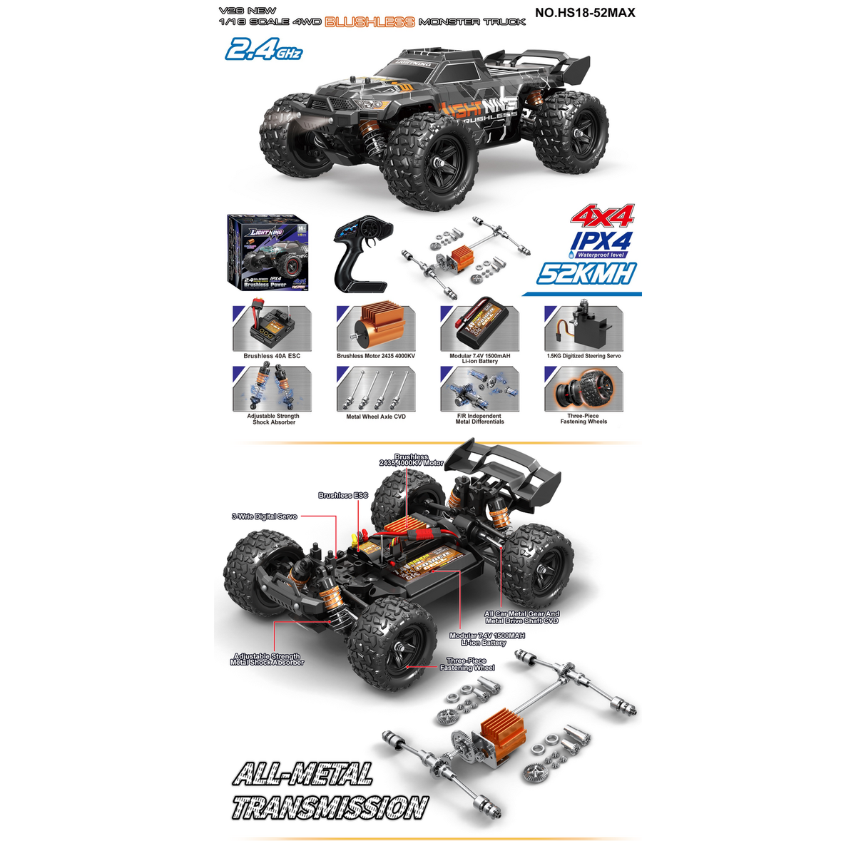 TORNADO 1/18 brushless 4WD RTR High TRUCK 2.4g 52KM Green Body V2 2026