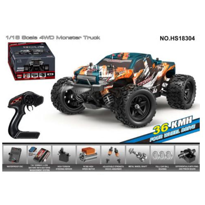 TORNADO 1/18 Storm 4WD RTR High Speed Truck 36kmh 20 Minute Runtime - Orange & Blue Brushed