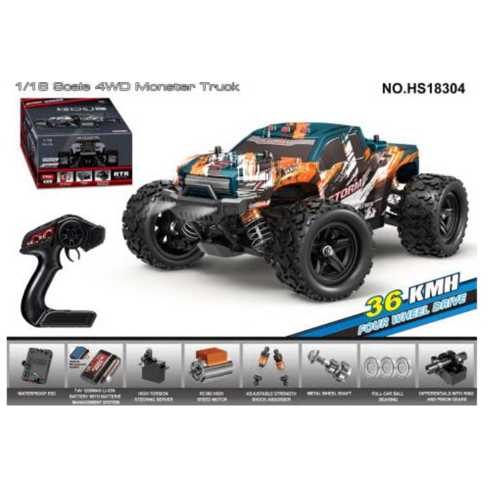 TORNADO 1/18 Storm 4WD RTR High Speed Truck 36kmh 20 Minute Runtime - Orange & Blue Brushed