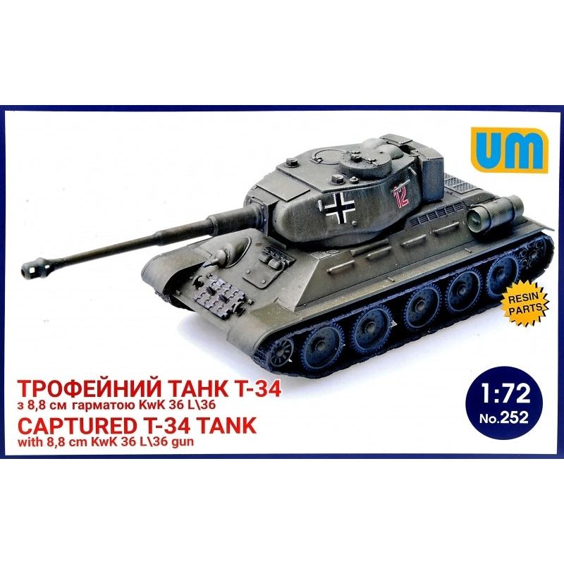 UM-MT 1/72 Captured T34 tank with 8,8cm kWk 36l/36 gun Plastic Model Kit