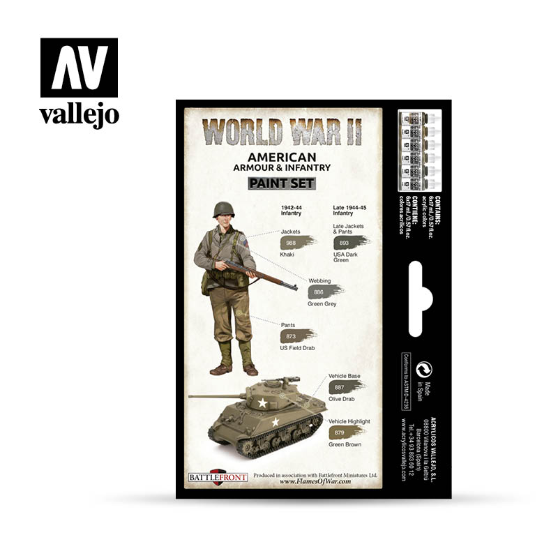 VALLEJO Model Colour WWII American Armour & Infantry Acrylic 6 Colour Paint Set