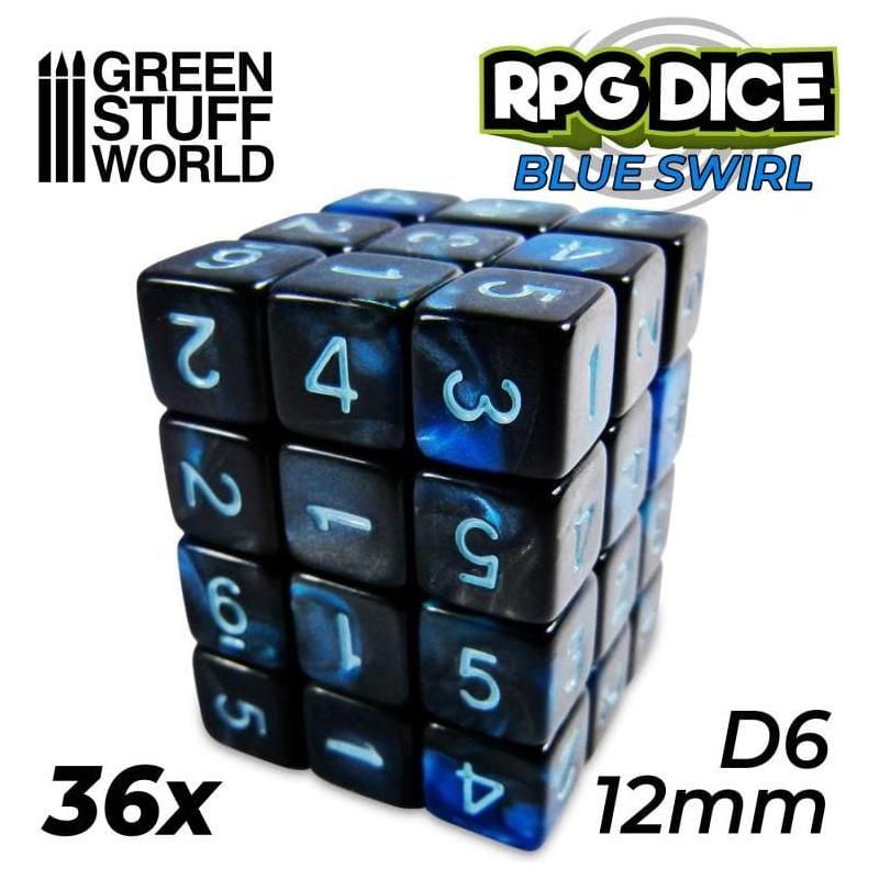 GREEN STUFF WORLD 36x D6 12mm Dice - Blue Swirl