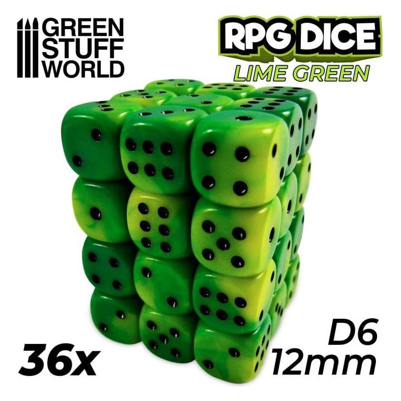 GREEN STUFF WORLD 36x D6 12mm Dice - Lime Swirl
