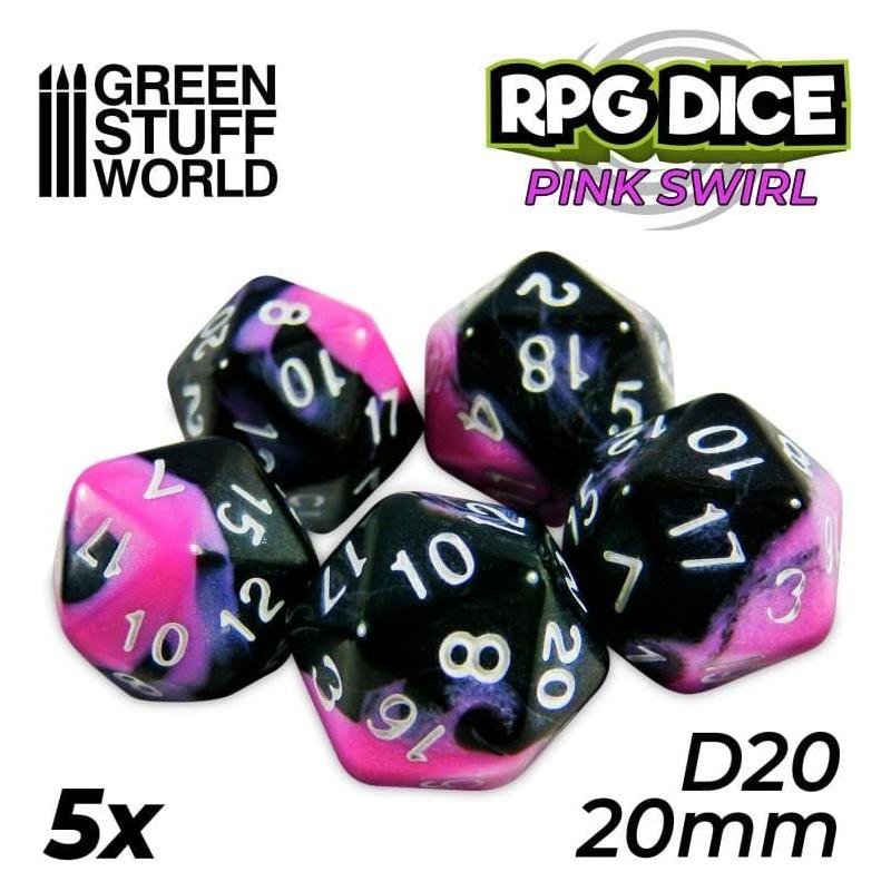 GREEN STUFF WORLD 5x D20 20mm Dice - Pink Swirl