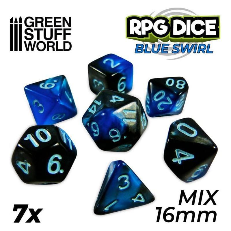 GREEN STUFF WORLD 7x Mix 16mm Dice - Blue Swirl