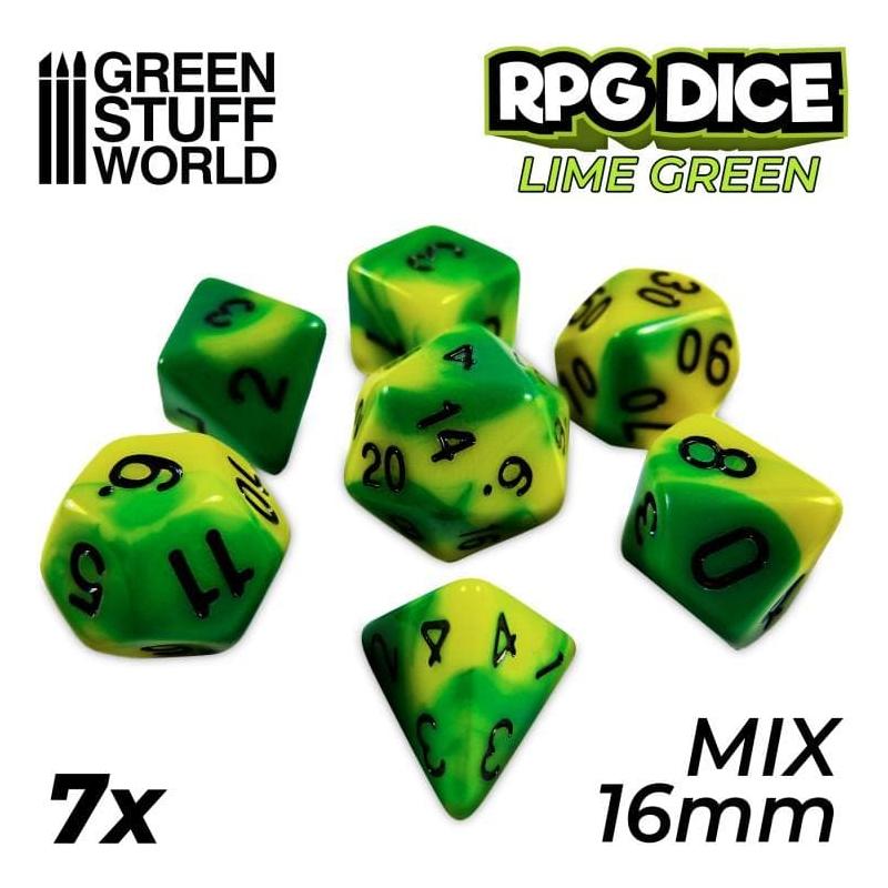 GREEN STUFF WORLD 7x Mix 16mm Dice - Lime Swirl