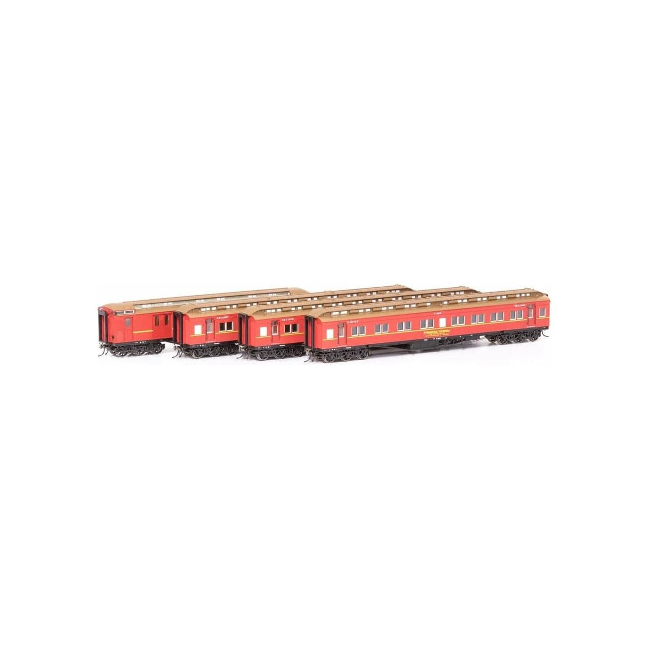 AUSCISION HO Steamrail Carriage Red with Yellow Stripe - 4 Car Set